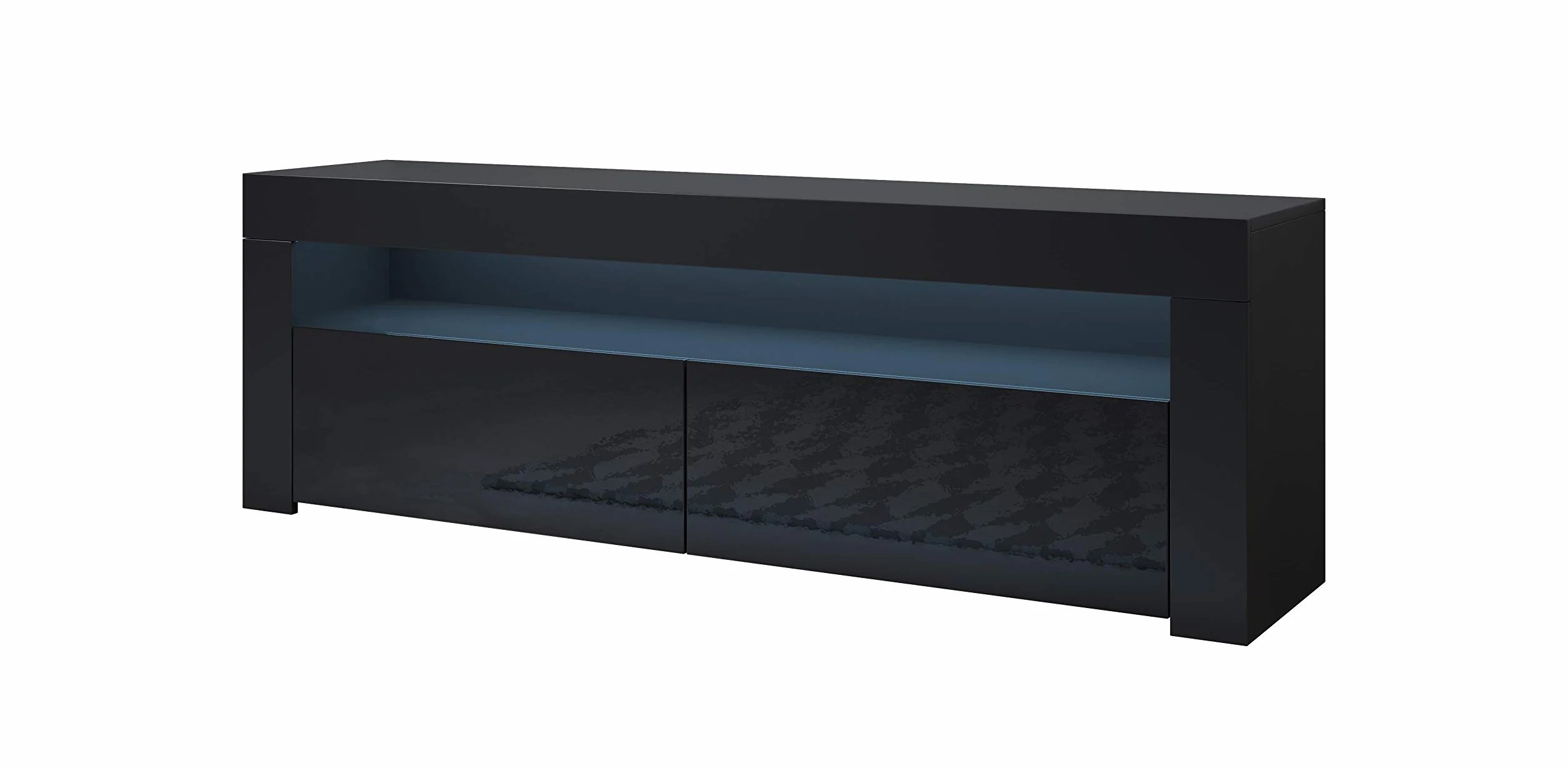 MB Muebles Bonitos | Mueble TV con LED | Mueble TV para Salón Comedor Moderno | Ancho 140 x Alto 50,5 x Profundo 35cm | Aparador TV | Color Negro | Acabado Brillo | 2 Puertas | Modelo Aker