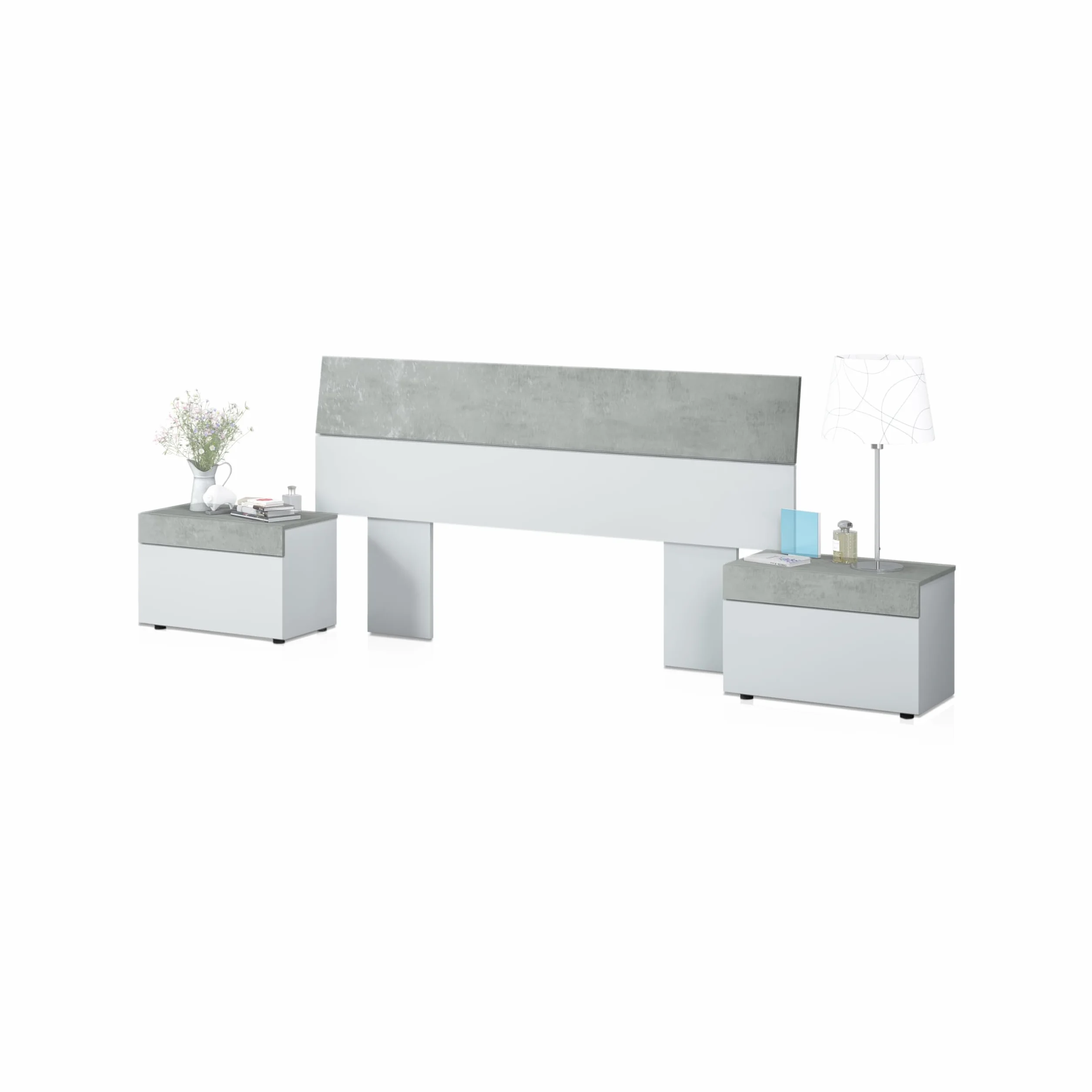 duehome | Cabecero con 2 mesitas, Dormitorio, Modelo Axel, Acabado en Blanco Artik y Gris Cemento, Medidas: 176 cm (Largo) x 96,5 cm (Alto)