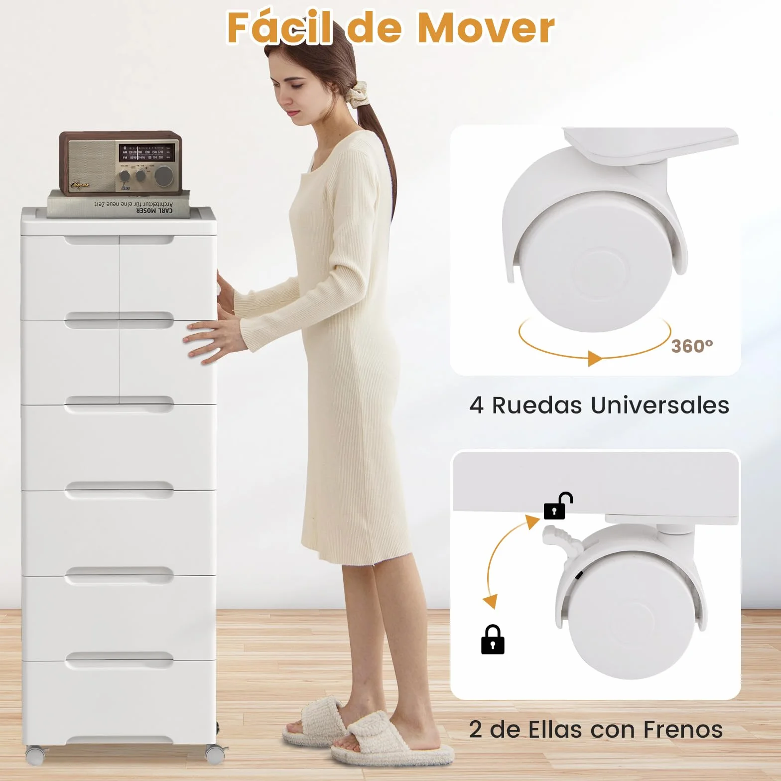 GOPLUS Carro de Almacenamiento de Plástico con Cajones, Mueble Organizador Móvil con 4 Ruedas Universales, Contenedor de Almacenamiento Vertical para Dormitorio, Oficina (Blanco, 6 Cajones)