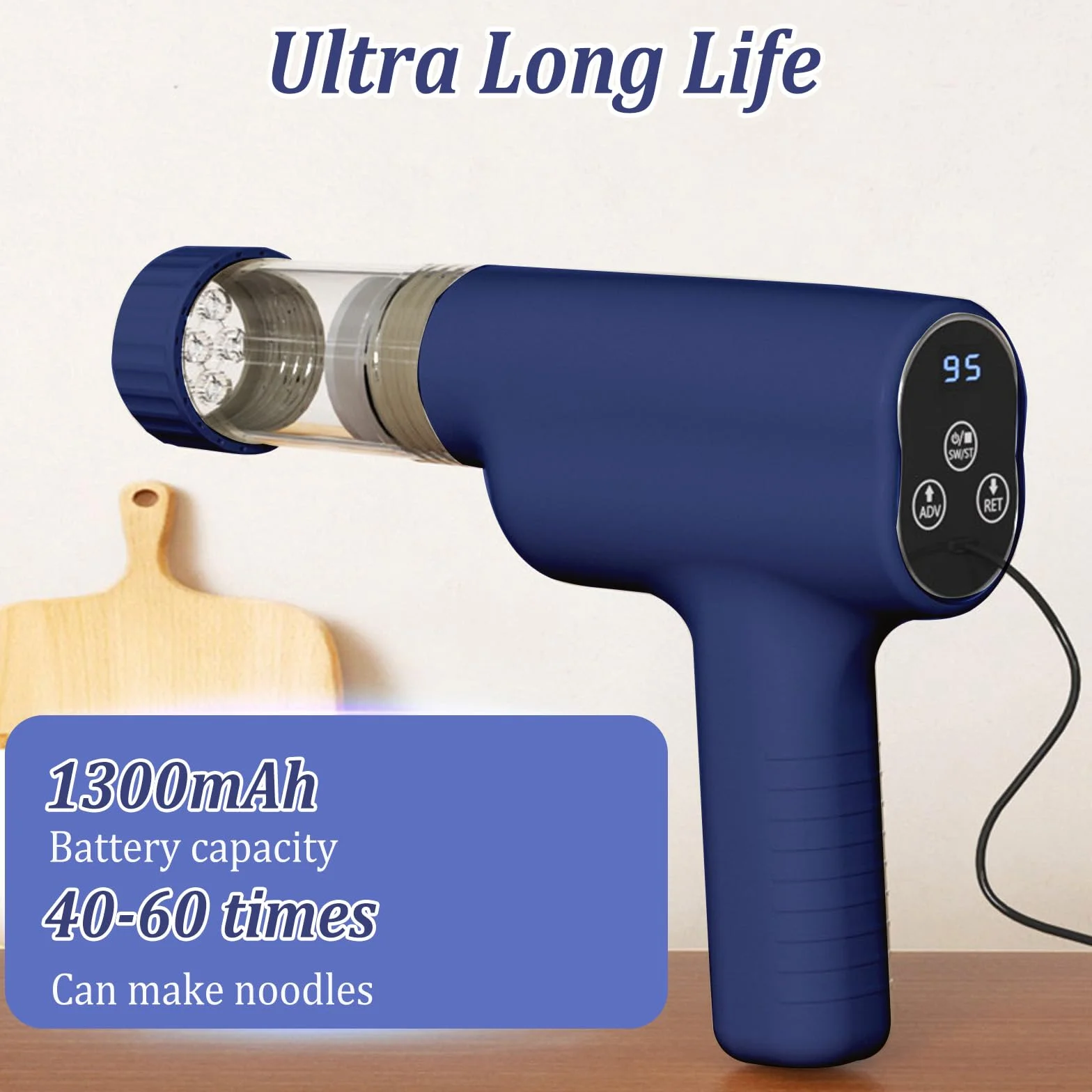 Máquina de Pasta Eléctrica de Mano, Máquina para Hacer Pasta Automática Portátil con 7 Accesorios para Espaguetis Multifuncional Máquinas para Pasta Fresca pare Fettuccine Salchichas Caseras Azul