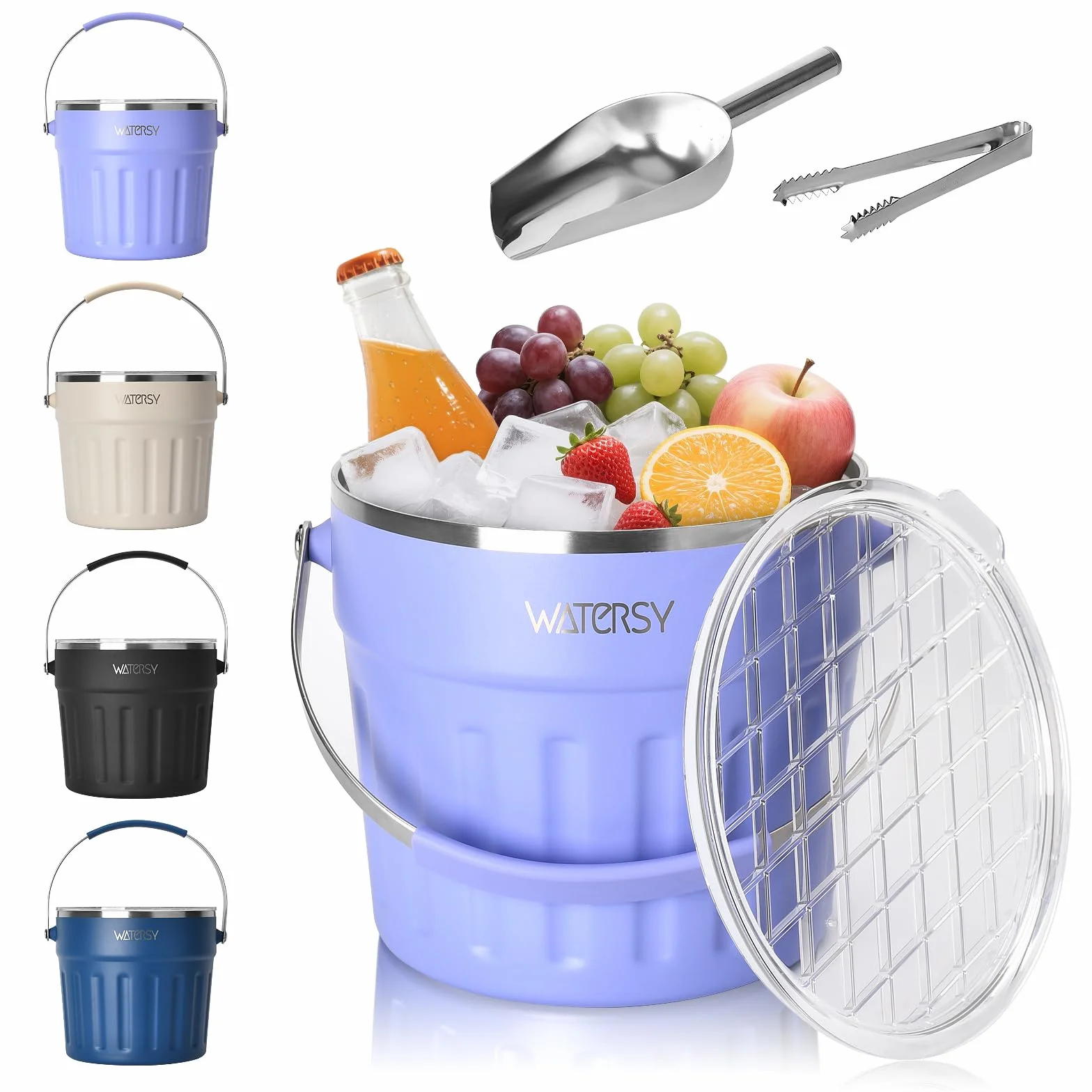 WATERSY de 7.6 L Cubitera con Tapa y Asa, Cubitera para Hielo Reutilizable Acero Inoxidable de Doble con Pinzas y Pala, para Cócteles, Whisky, Cerveza, Bares (Morado)