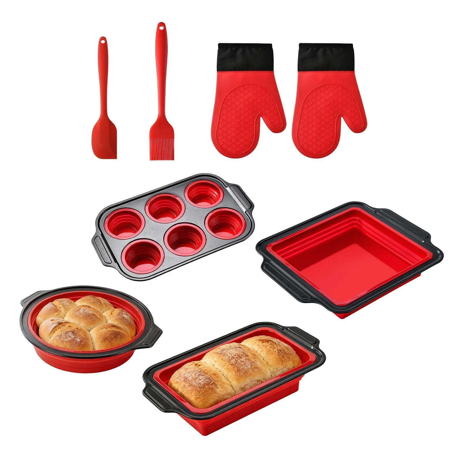 Genérico Molde de Silicona para Hornear Bandeja Apilable | Con manoplas, rascador y cepillo, set con molde de silicona de horneado para Magdalenas, Galletas, Cupcakes, Huevos, Donuts,
