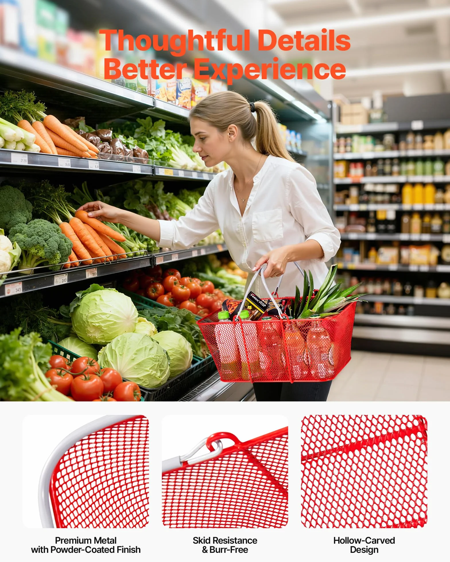 VEVOR Cestas de Compra con Asas 12 Piezas 42 x 32 x 19 cm, Apilables, de Metal, Estructura de Malla Densa, Capacidad de hasta 20 kg, para Supermercados, Tiendas, Librerías, Uso Doméstico, Rojo