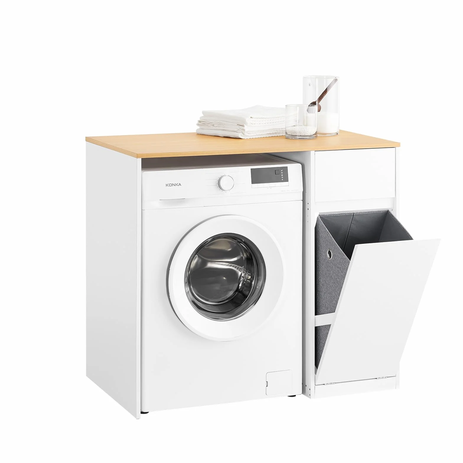 SoBuy Mueble para Lavadora – Armario de baño – Mueble Ropa Sucia con cesto para Ropa y cajón, para Lavadora y Secadora, Muebles Auxiliar en Blanco con Efecto Madera, 100×60×90 cm, BZR217-WN