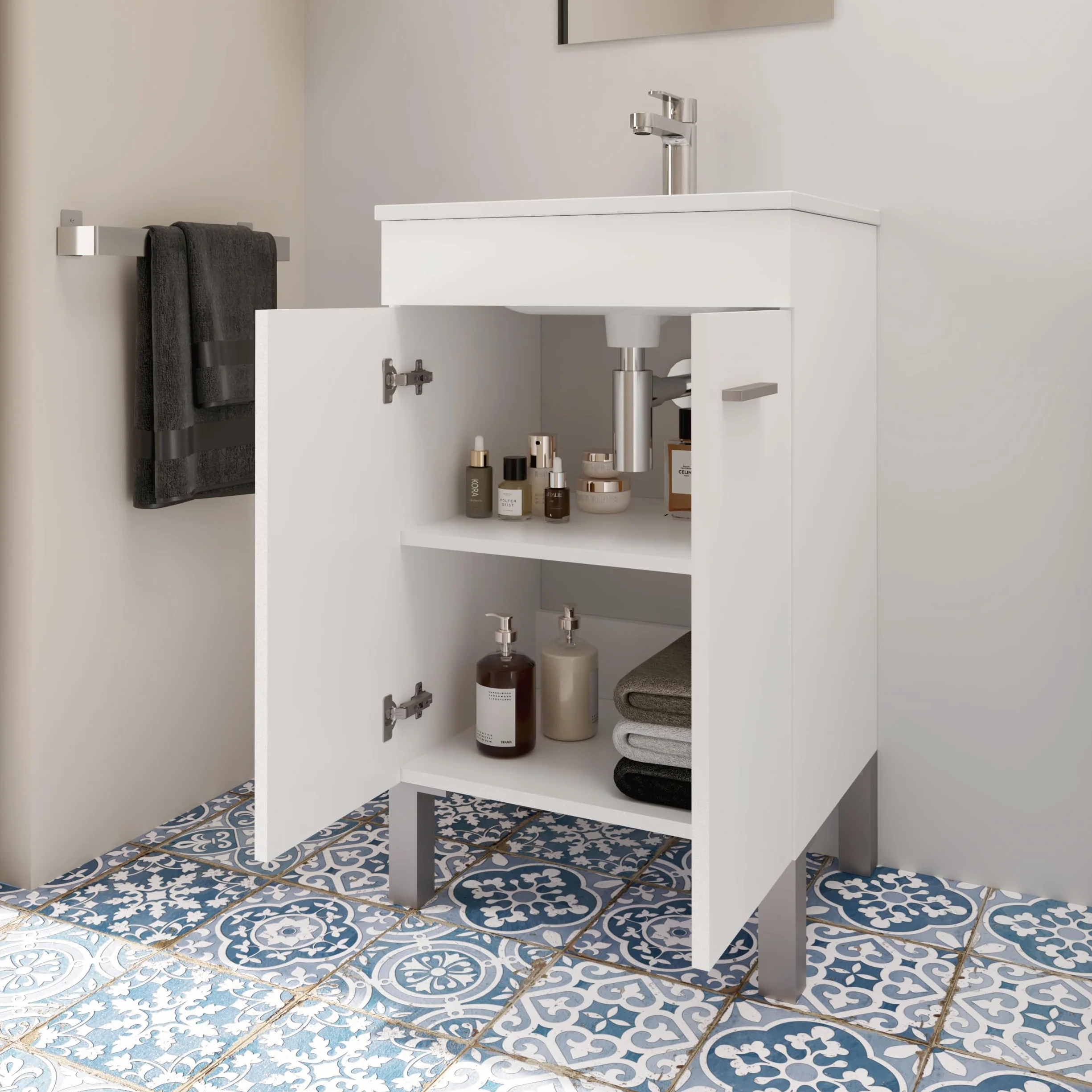 Baikal Mueble de Baño 2 Puertas 50cm Blanco con Lavabo Cerámico y Espejo