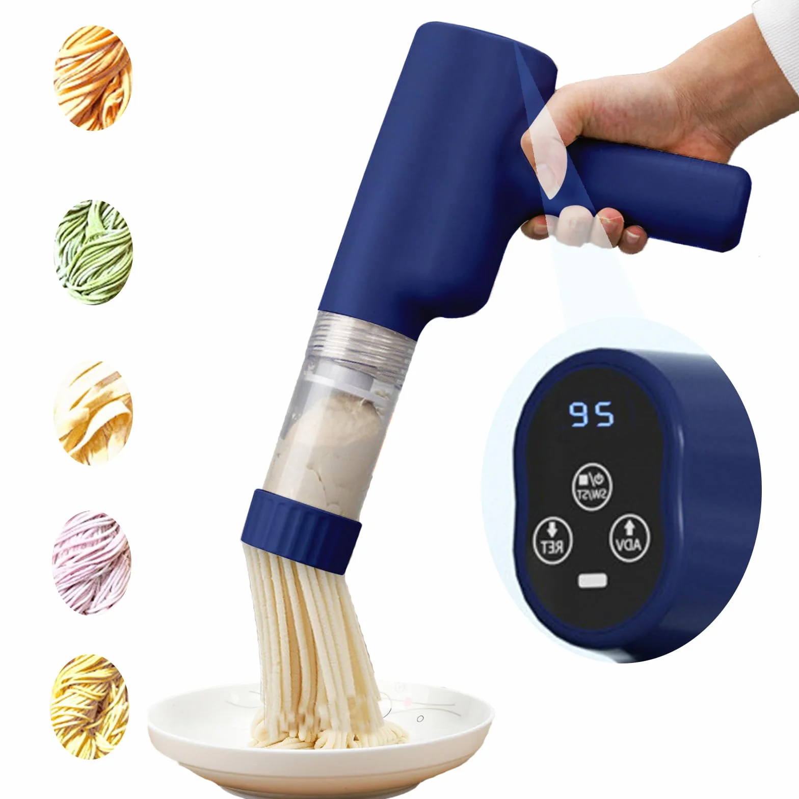 Máquina de Pasta Eléctrica de Mano, Máquina para Hacer Pasta Automática Portátil con 7 Accesorios para Espaguetis Multifuncional Máquinas para Pasta Fresca pare Fettuccine Salchichas Caseras Azul