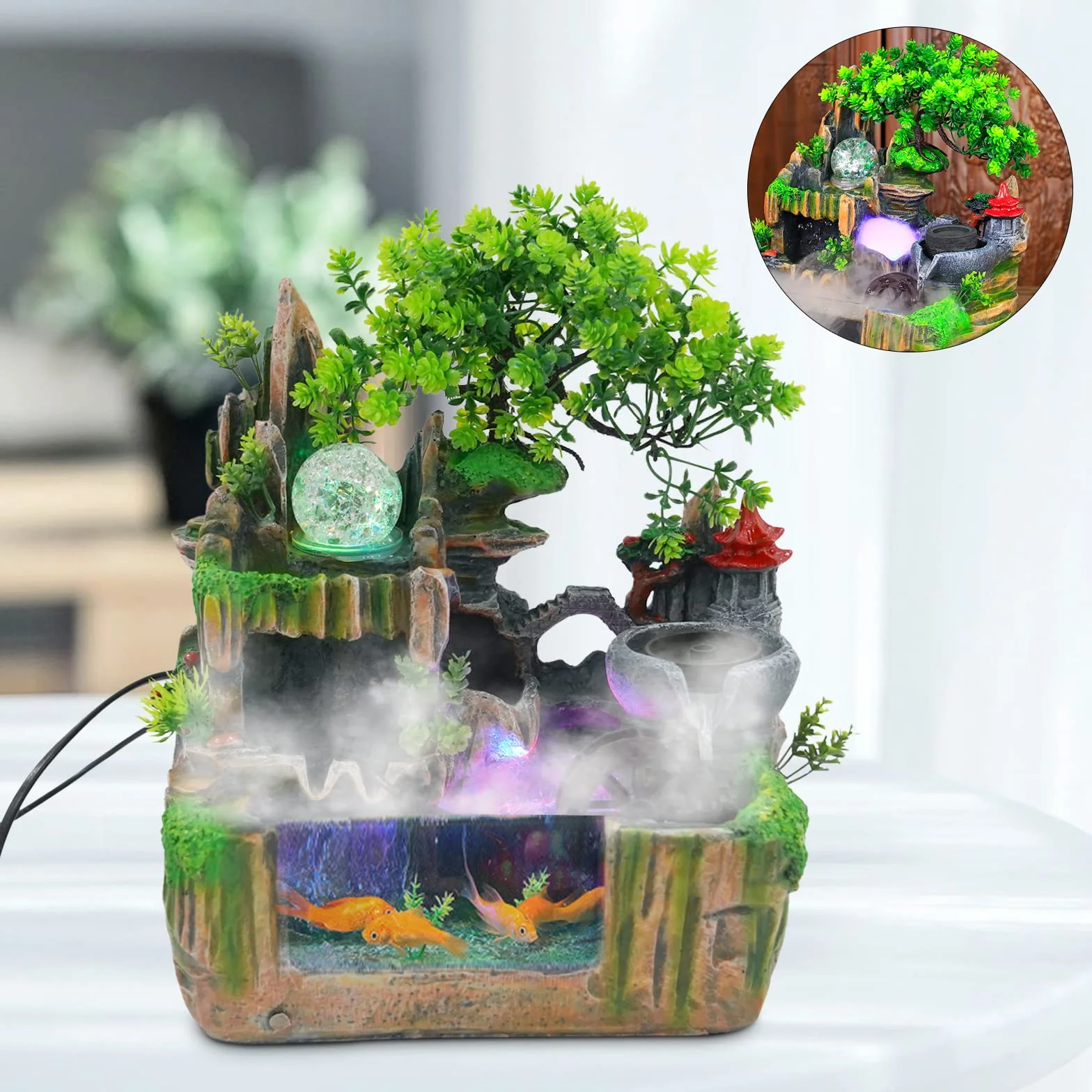 Fuente pequeña con iluminación, fuente de mesa, habitación, cascada, mini paisaje rocoso con estanque y máquina de niebla, 30 x 18 x 33 cm