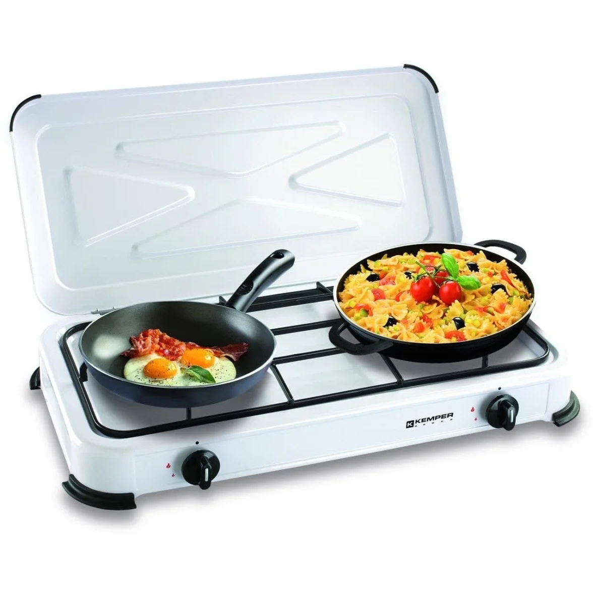 KEMPER – Placa de cocción de gas, 2 luces portátil, 2600 W, tapa extraíble, color blanco – Hornillo para camping, conexión de botella de gas Butano/propano simple y segura