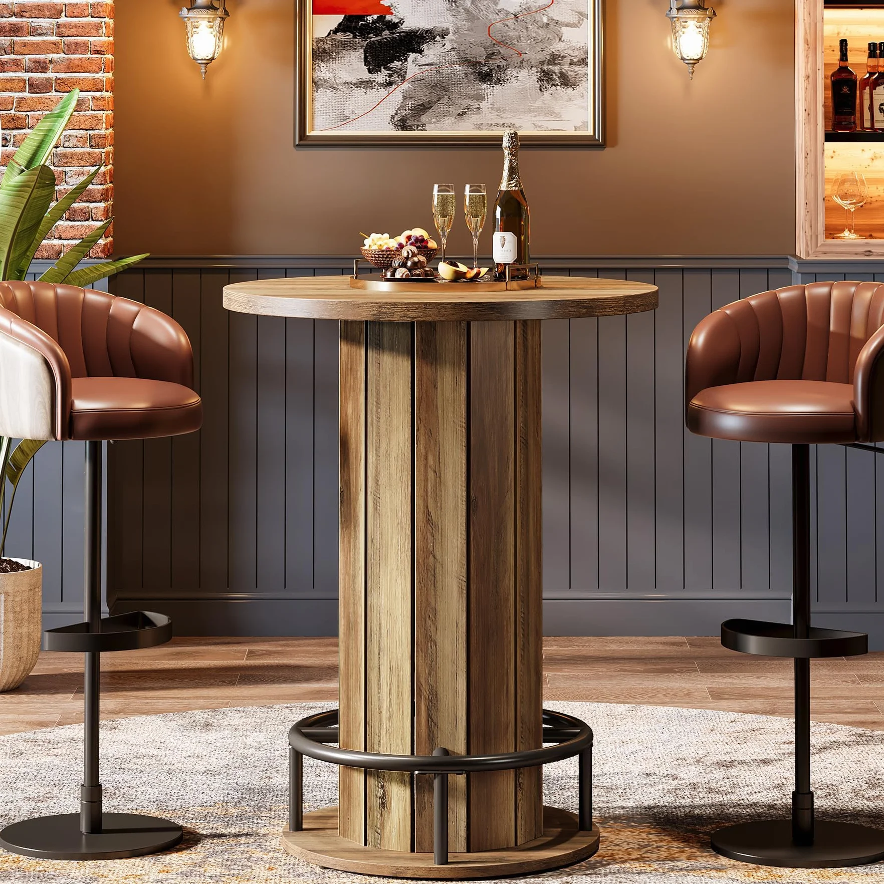 Tribesigns Mesa alta redonda de 100 cm de alto, mesa de bar de madera con reposapiés de anillo de metal para comedor, café, cóctel, color marrón (solo mesa)