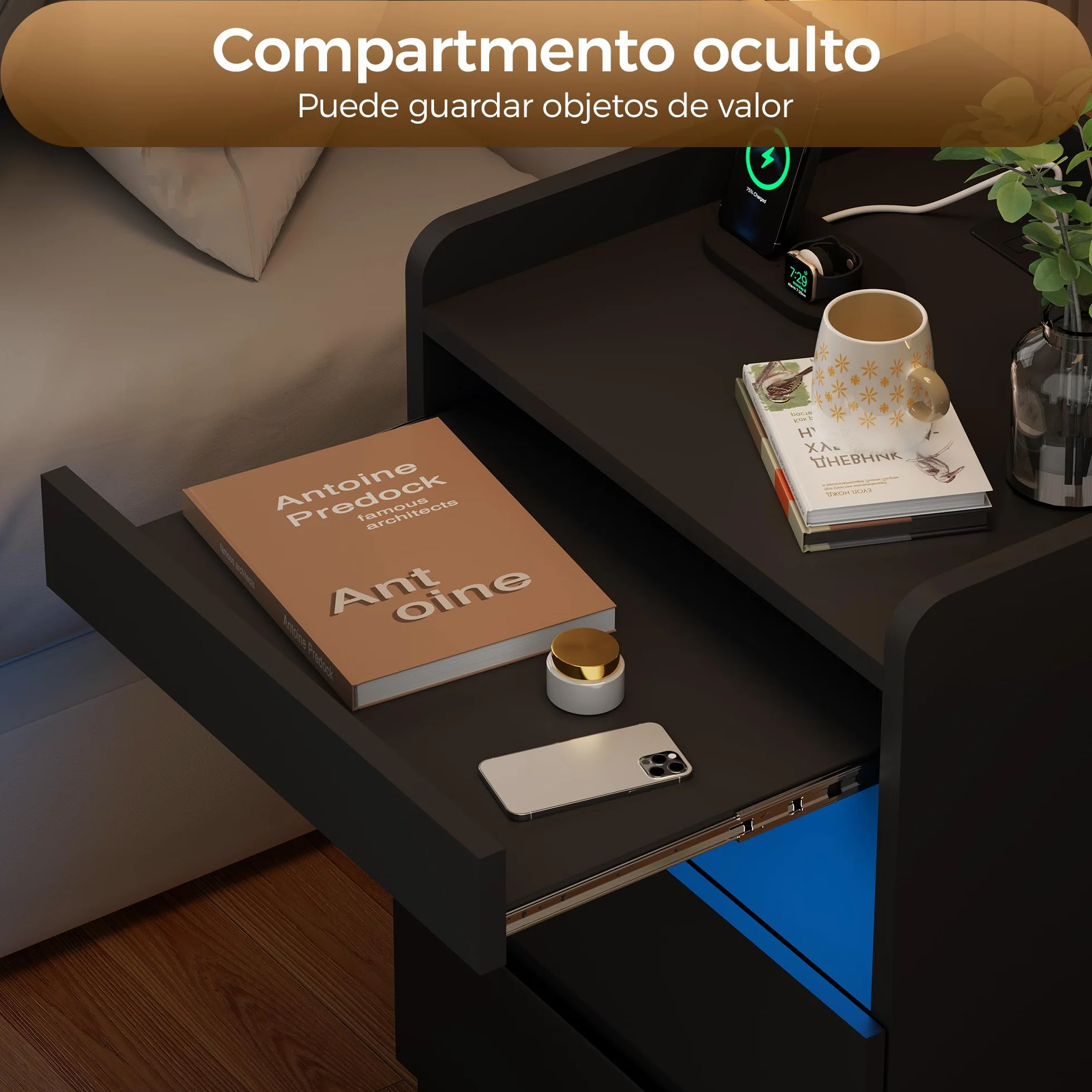 BEWISHOME Juego de 2 Mesitas de Noche,con Compartimento Oculto,con Luces LED y Estación de Carga Mesas Auxiliares（2 Tomas AC 2 Puertos USB）,para Salón,Dormitorio (Negro) EFCG02B