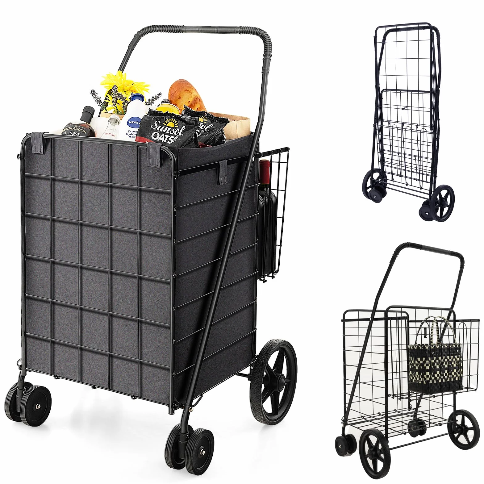 COSTWAYCarro Plegable con 2 Cestas, Compra 4 Cuedas, Forro Oxford Impermeable, 120 L, Metal, Asa Antideslizante, Soporta hasta 40 kg para Supermercado