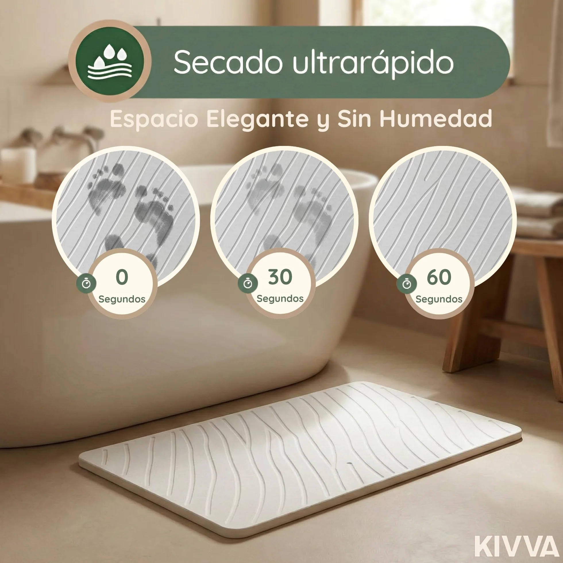 Kivva Alfombrilla Diatomita 60x40 Antideslizante Antibacteriana Baño Secado Rápido