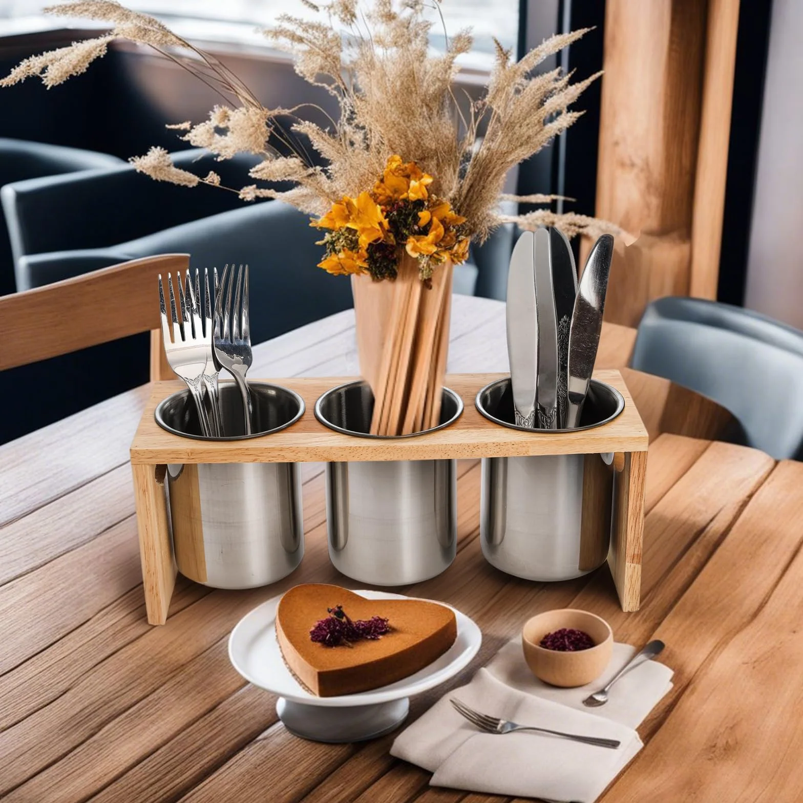 ZOOFOX Paquete de 3 soportes para cubiertos, organizador de utensilios de acero inoxidable con base de madera, organizador de cubiertos para cucharas, cuchillos y tenedores, ideal para mesa de cocina,
