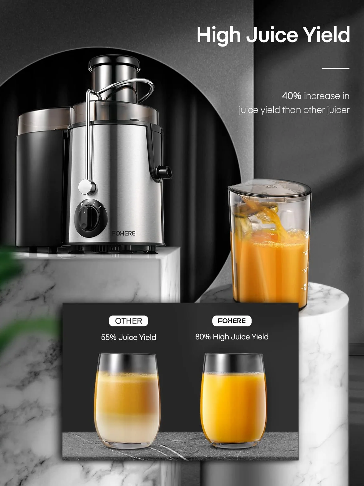 FOHERE Licuadora Extractor de Zumos 400 W 3 Velocidades Cepillo Incluido