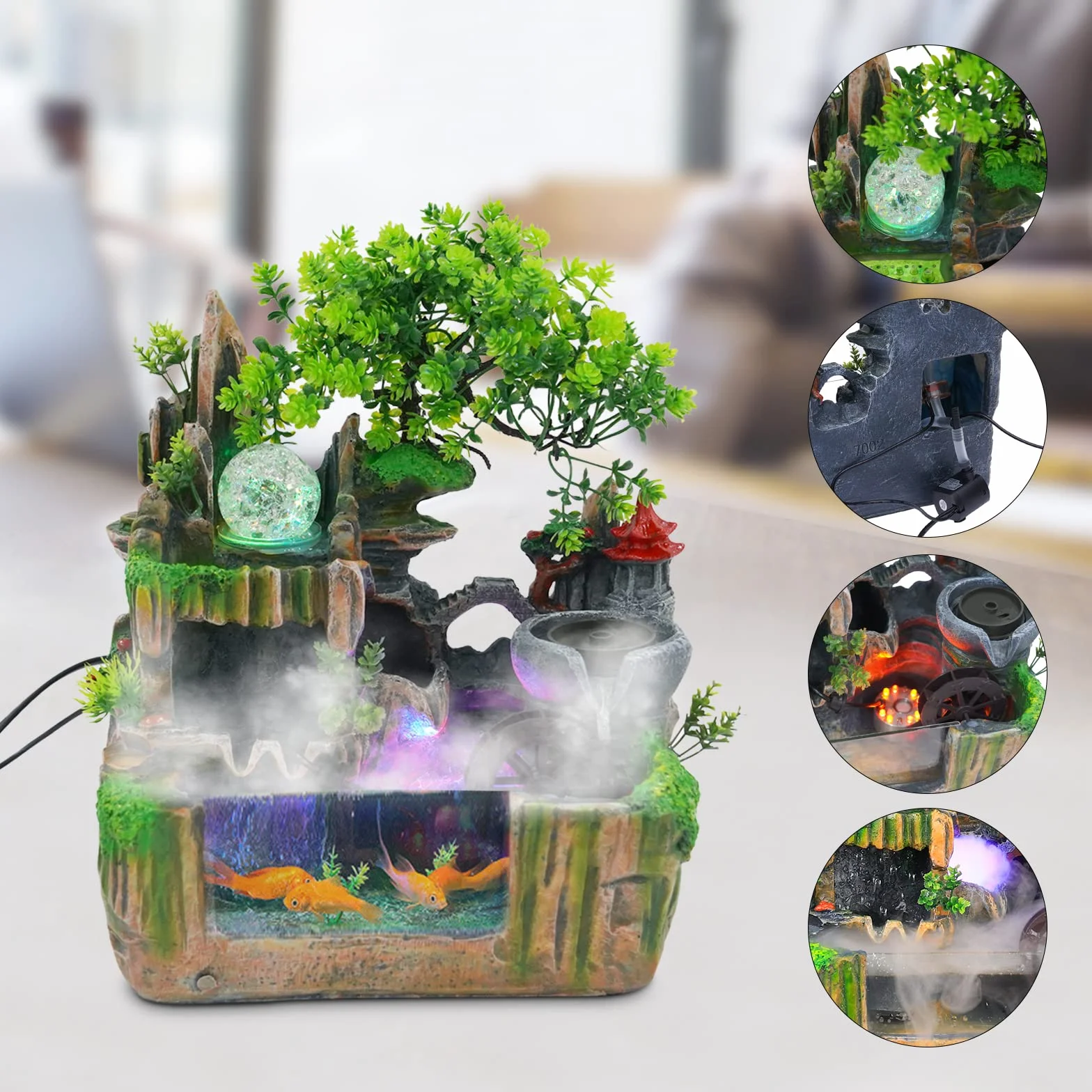 Fuente pequeña con iluminación, fuente de mesa, habitación, cascada, mini paisaje rocoso con estanque y máquina de niebla, 30 x 18 x 33 cm