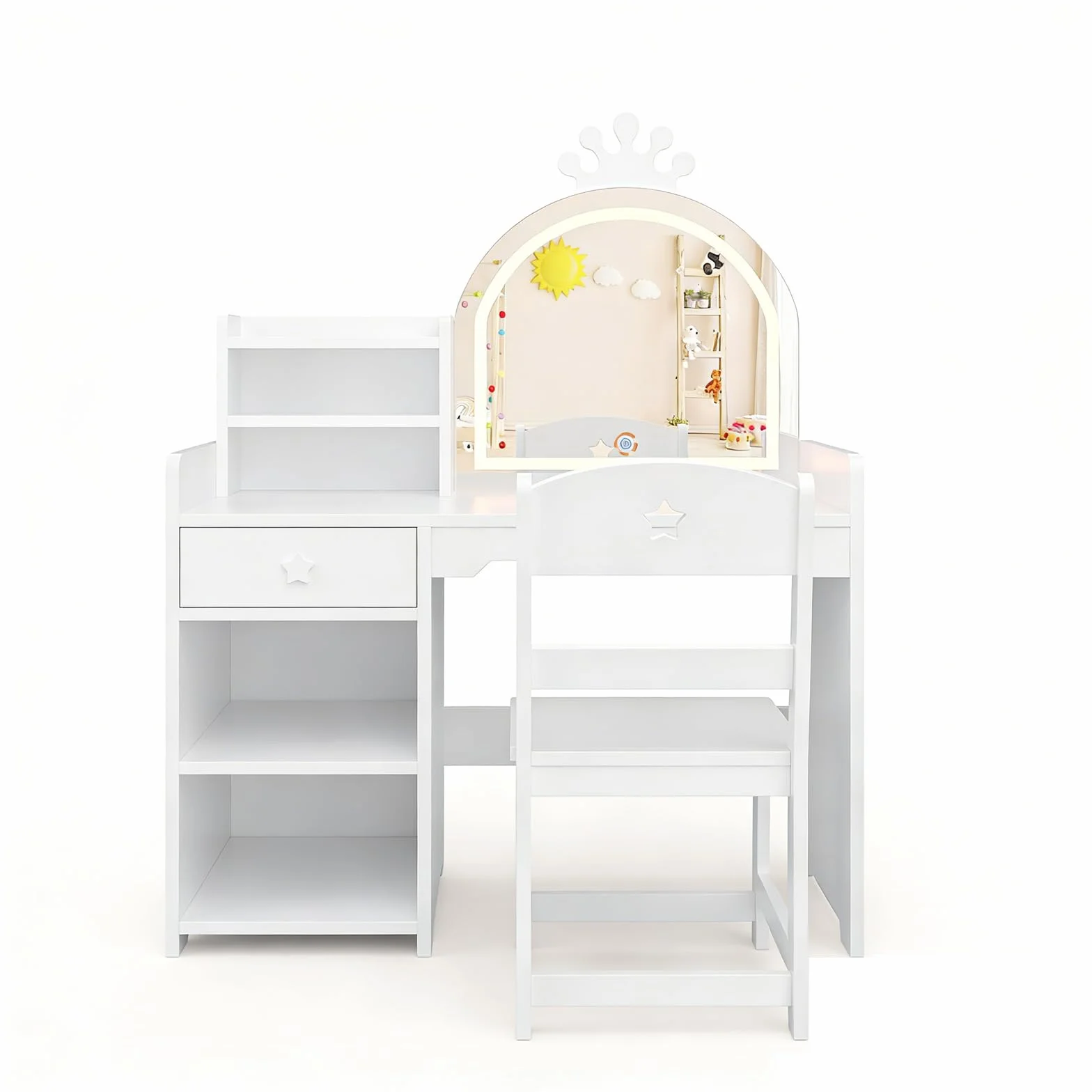 Tocador de Maquillaje Niña 2 en 1 con Escritorio, Luz LED, Espejos y Taburete