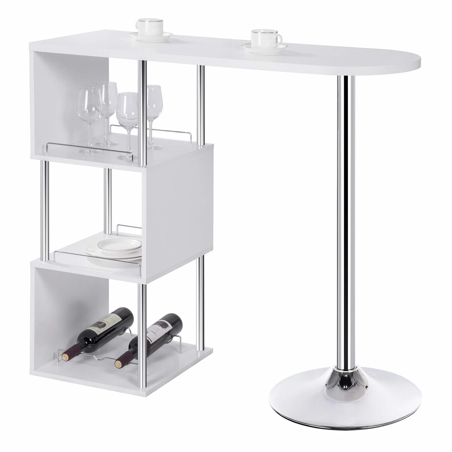 WOLTU Mesa de Bar, Mesa Alta de Comedor con 3 Estantes, Soportes para Vino, Mesas Modernas de Bistro, Metal y MDF 113x40x105 cm, Blanco