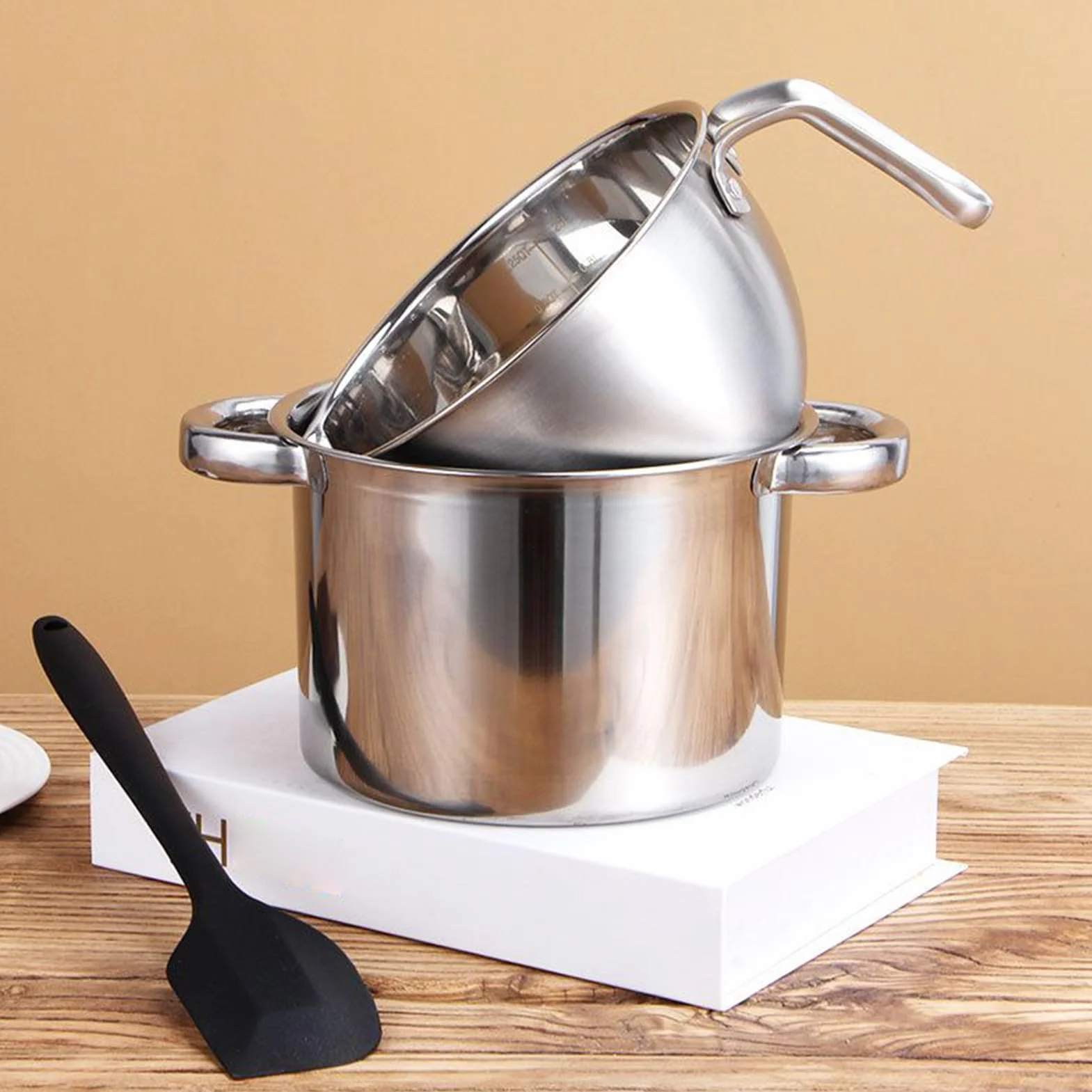 Acero inoxidable juego de olla baño maría 2,6 L y tazón 2 L con espátula silicona derretir chocolate