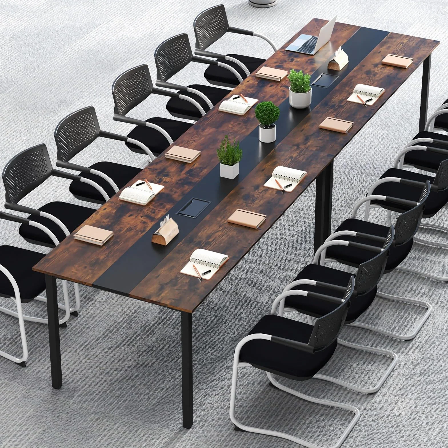 LIFEZEAL Mesa de Conferencias Rectangular, 180x90x75,5 cm, Mesa de Reuniones 8-10 Personas, Escritorio para Seminarios con Orificio para Cables, Tapa de Madera y Estructura Metálica, Estilo Industrial