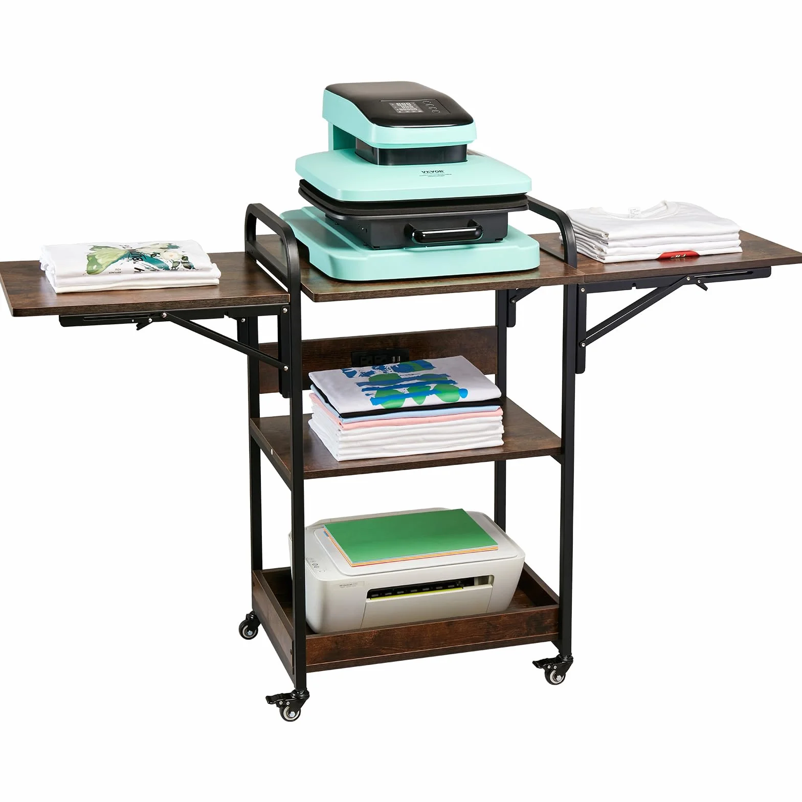 VEVOR Mesa de Prensa de Calor con Estación de Carga, Soporte de Prensa de Calor Móvil de 3 Niveles, Banco de Trabajo de Metal con Ruedas para Máquina de Transferencia de Sublimación, Marrón