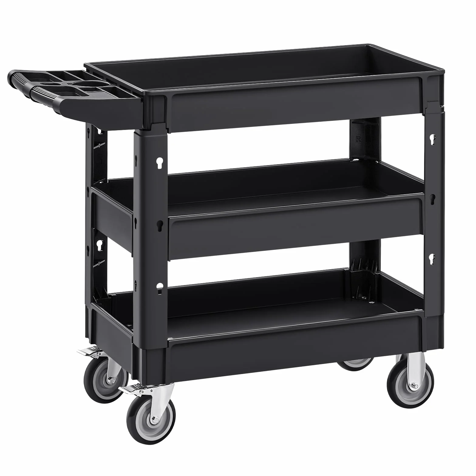 VEVOR Carro de Servicio de 3 Niveles Carro de Transporte Utilitario PP Capacidad Total de 249kg 83 kg/Estante Ruedas Giratorias (2 con Frenos) Mango Ergonómico para Herramientas Garaje Almacén Oficina