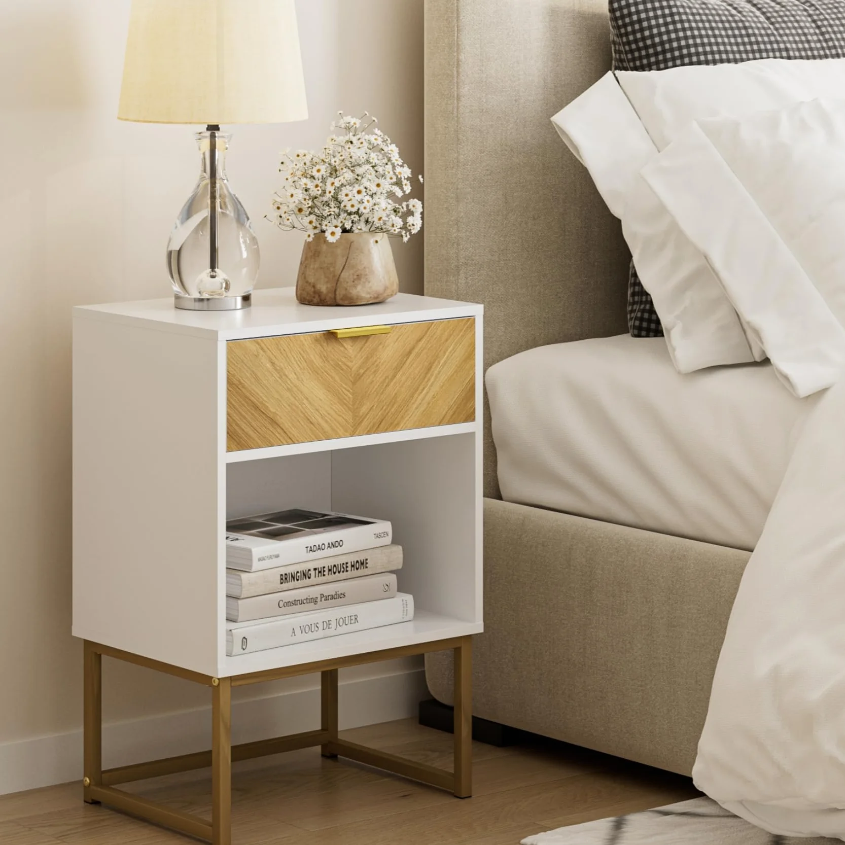 HEYZOEY® Mesita de Noche Moderna de Madera con cajón y Compartimento Abierto, Mesa Auxiliar para Dormitorio y Sala de Estar (Blanco, 40 x 30 x 60 cm)