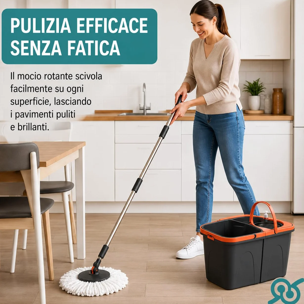 Tempo DI SALDI Juego de fregona giratoria con Doble Cubo, Cesta Inoxidable y 2 paños de Microfibra