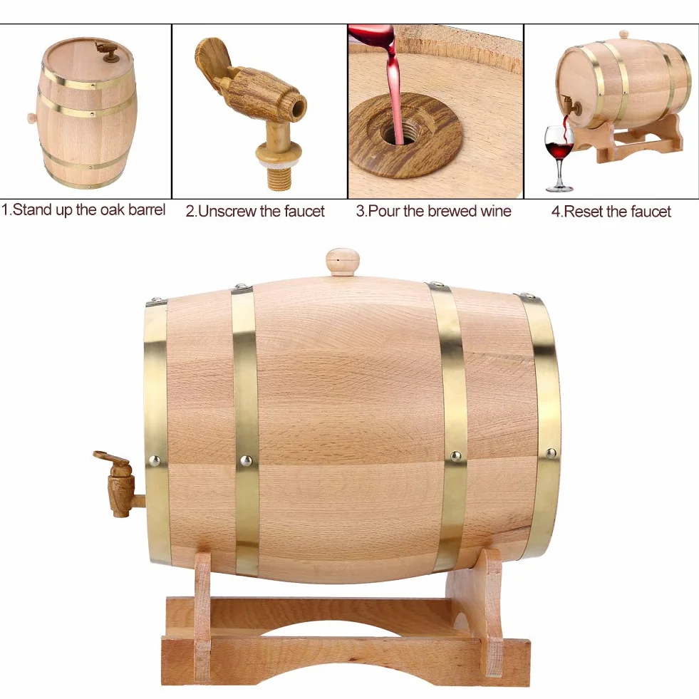 Barril Vino 10 Litros, Barril Vino Madera Roble Vintage con Soporte para Whisky Borbón Tequila