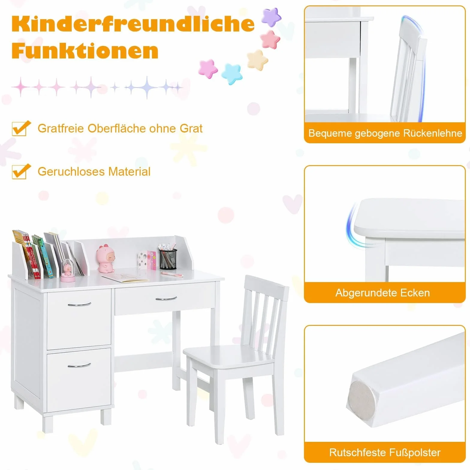 FANTASK Escritorio Infantil de Madera para Estudiantes con Silla, Mesa de Aprendizaje Infantil Multifuncional con Estante, Estante Abierto y Armario de Almacenamiento, Escritorio para niños para