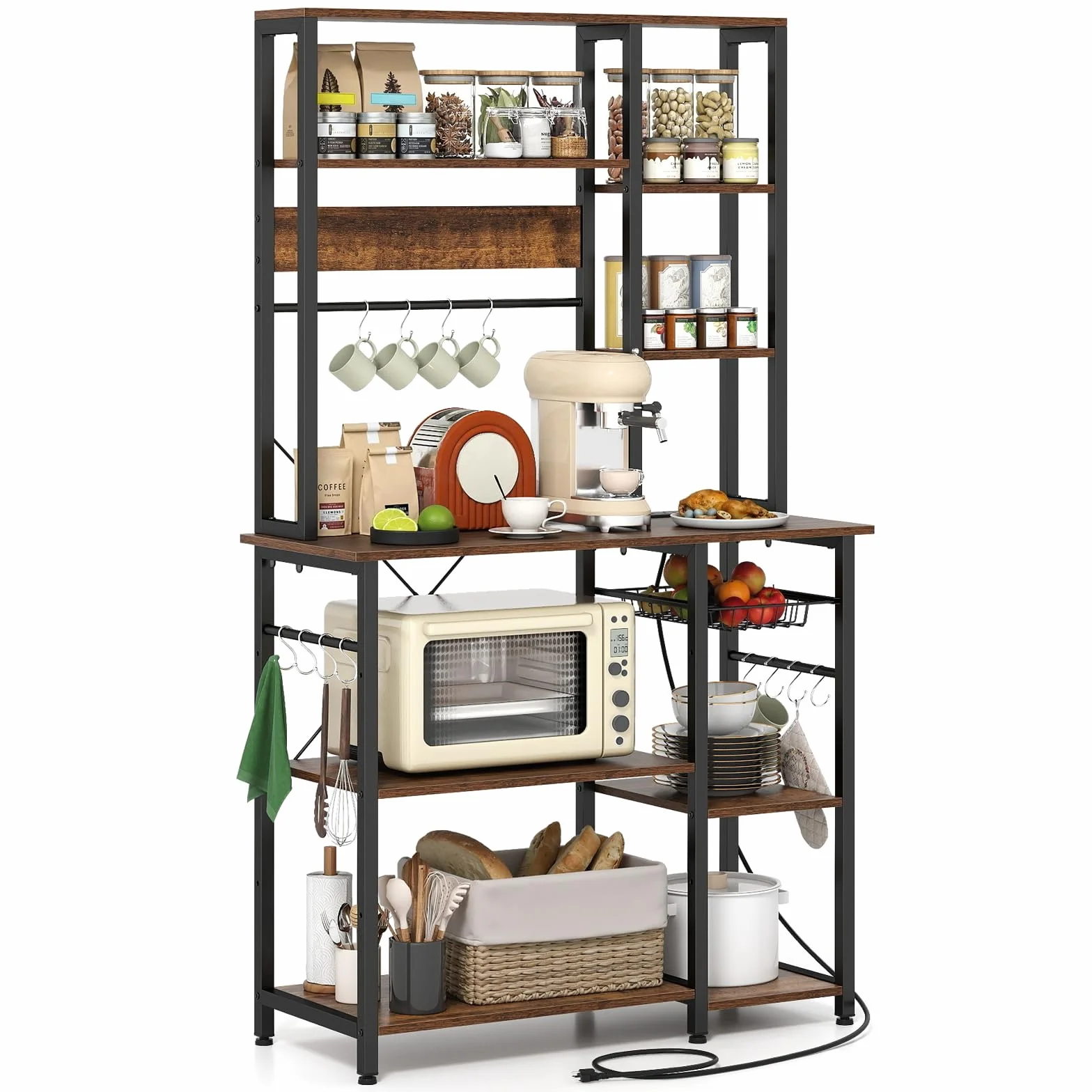 COSTWAY Estantería de Cocina, Armario de Cocina, Mueble para Microondas de 6 Niveles con Estantes Abiertos de Madera, Ganchos y Cesta, Marco Metálico, Organizador Almacenaje Cocina para Aparatos