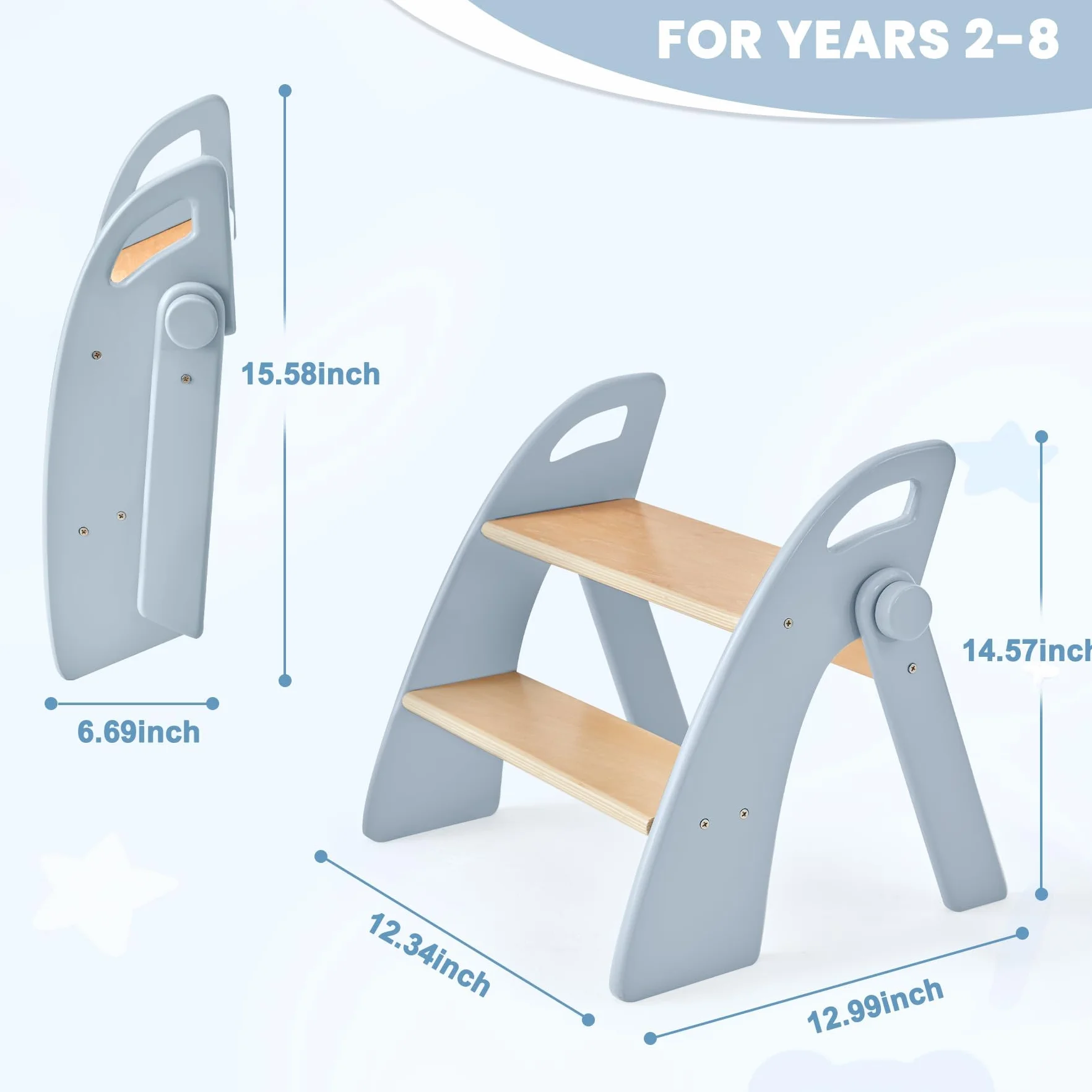 Taburete Niños Madera 2 Peldaños Plegable 130 kg Alfombrilla Antideslizante Asas Escalon Infantil Azul