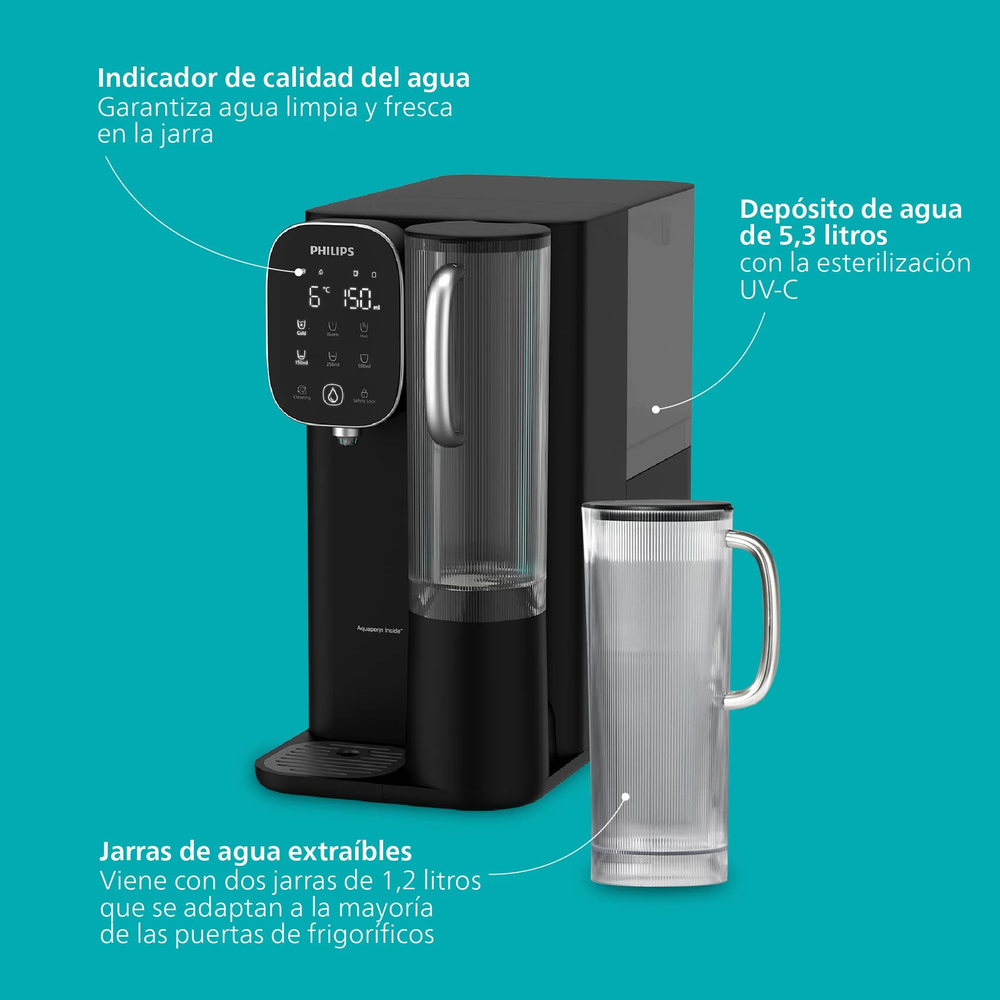 Philips Water Dispensador de Ósmosis Inversa 6500: Agua fría y Caliente purificada al Instante, filtración RO 5 en 1 Reduce >110 contaminantes, relación 3:1, UV-C, sin instalación, 2000 L.