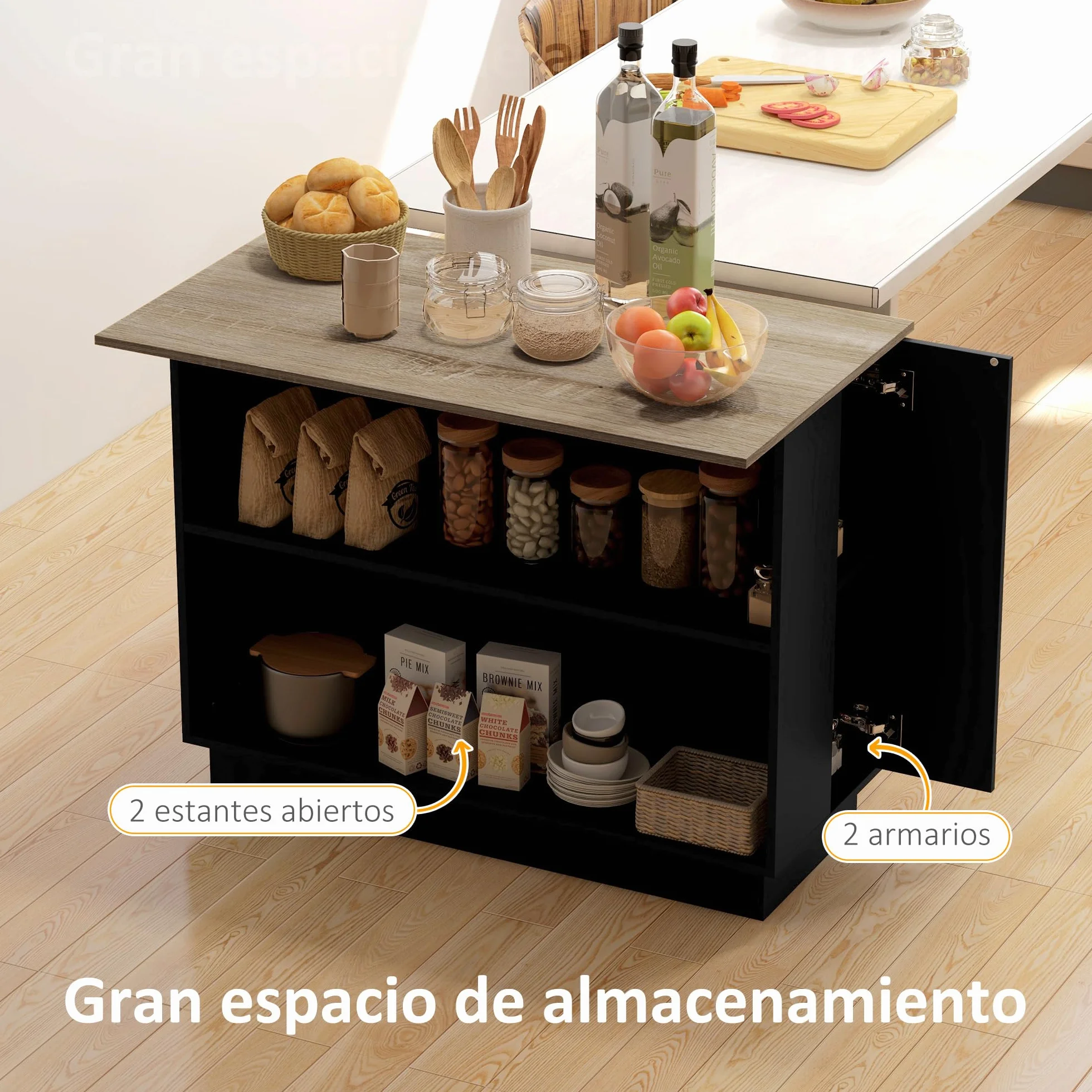 HOMCOM Isla de Cocina Mueble de Cocina con Estantes Ajustables 2 Estantes Abiertos y 2 Puertas Estilo Moderno Carga 100 kg 105x60x82 cm Negro y Roble