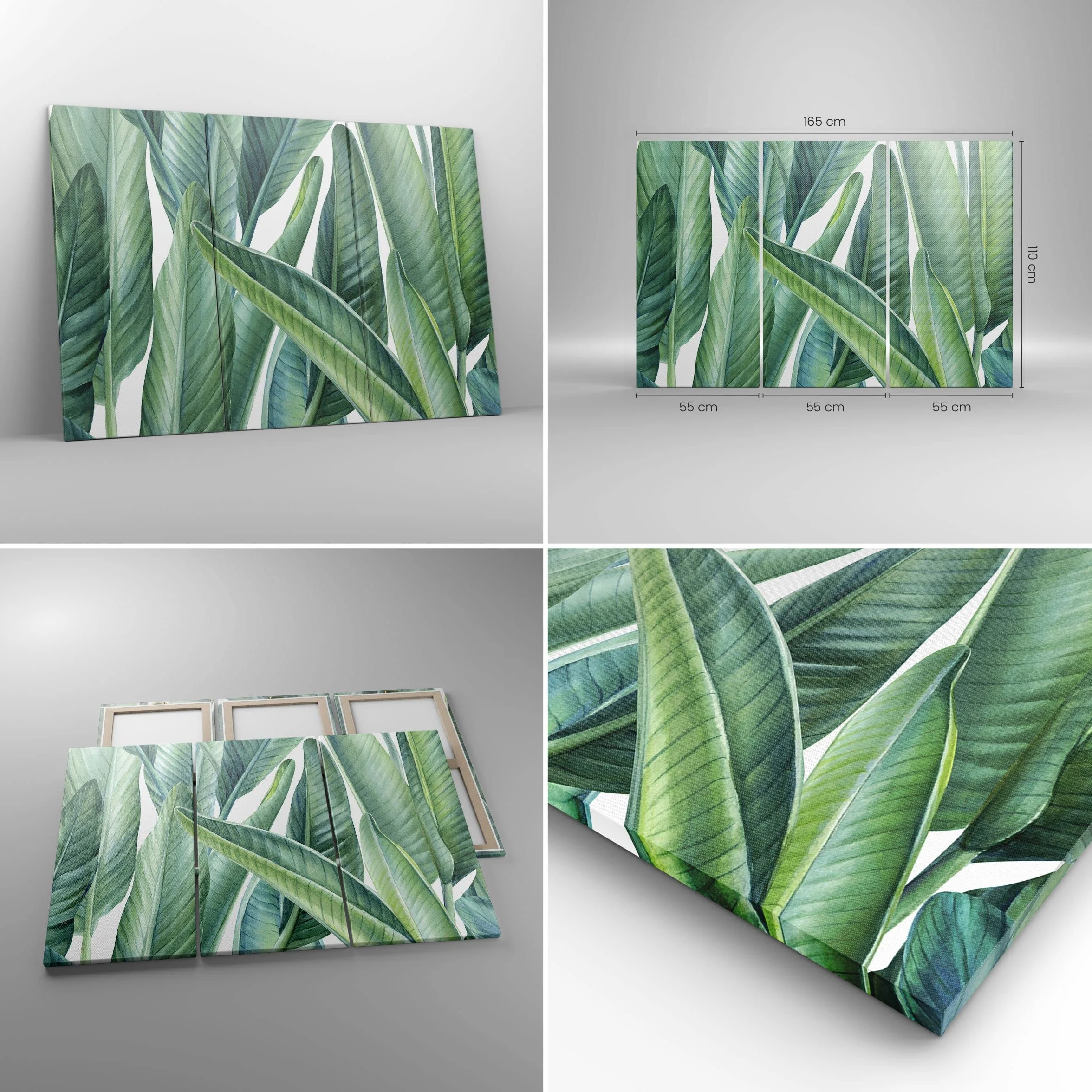 Lienzos decorativos 165x110cm Cuadro Sobre Lienzo Moderno exótico hojas verde Grande XXL Dormitorio Cuadros Pared Imágenes Tríptico 3 Piezas Cuadros Decoracion Salon Wall Art Prints CE165x110-4258