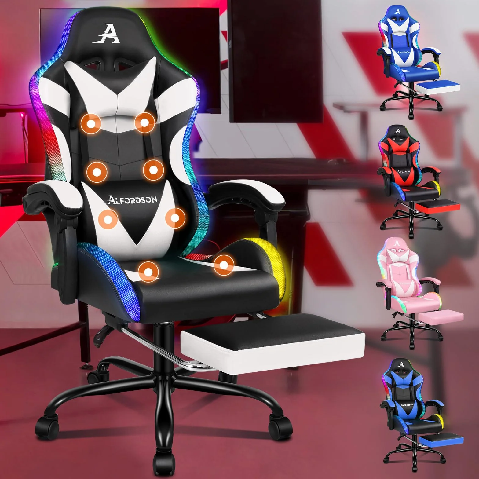 ALFORDSON Silla Gaming con Masajeador y Luces LED, Silla Gamer Ergonómica para Escritorio, Altura Regulable Cadeira con Apoyo Lumbar y Reposacabezas, Respaldo Inclinable hasta 150°, Cuero PU(Blanca)