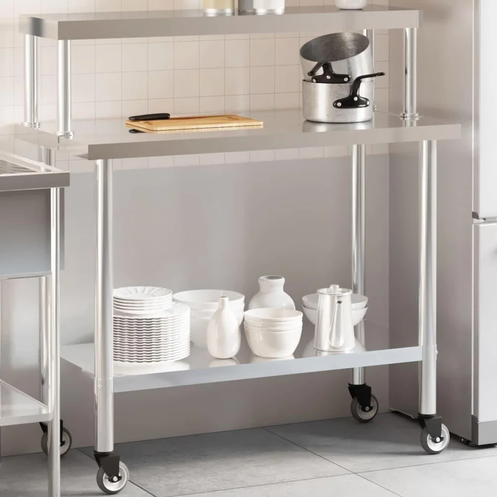 Mesa de trabajo de cocina con estante superior de acero inoxidable, 110 x 55 x 120 cm, con 4 ruedas, estante inferior, ideal para suministros de gastronomía, gastronomía, restaurante, catering