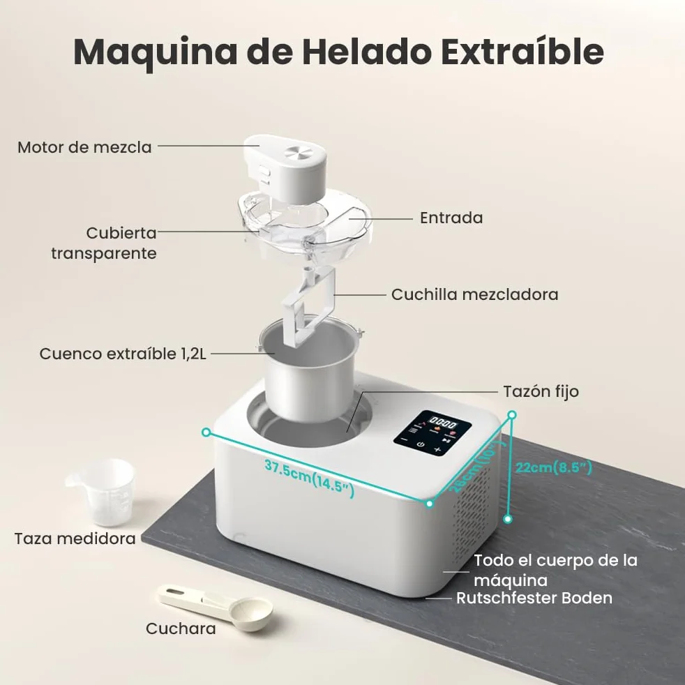 Máquina Para Hacer Helados con Compresor 1,2L, Heladera Eléctrica, Heladera Profesional, 110W, Pantalla Táctil, Cubo de Aluminio Extraíble, Receta & Cuchara, No Requiere Precongelación