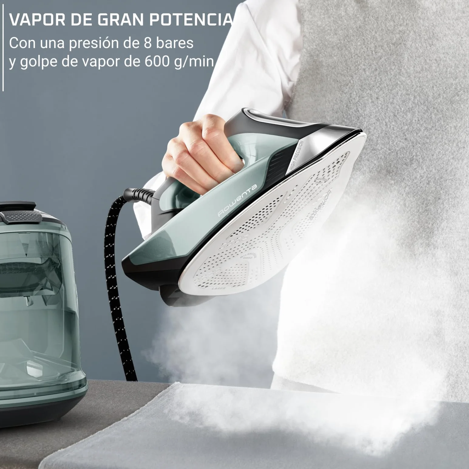 Rowenta Force Pro 500, Centro de planchado, 7,5 Bares, Golpe de vapor de 550 g/minuto, Tecnología Quicksteam, Ahorra energía, 2 modos ECO y MAX, Eucalipto y negro, VR9042F0