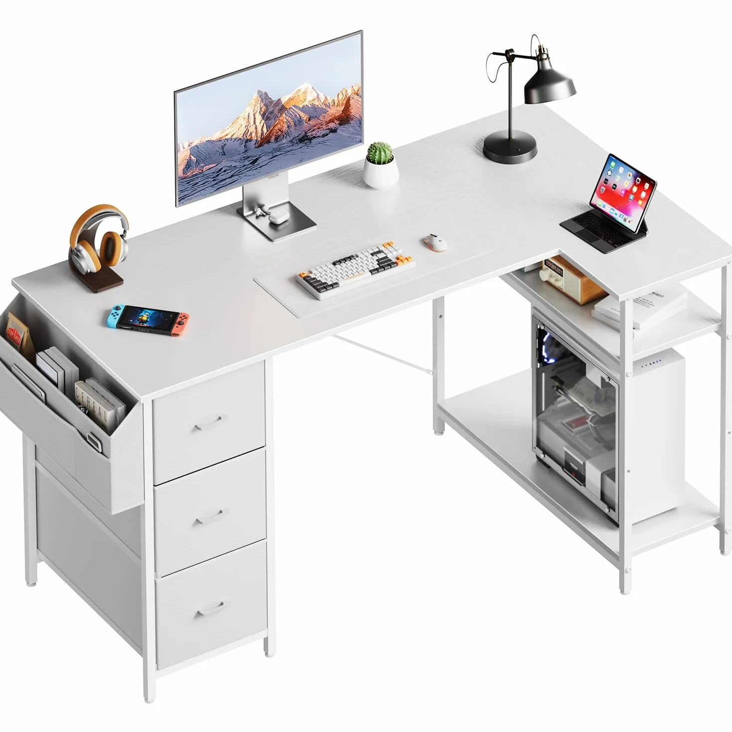 HLONONE Escritorio esquinero con 3 cajones de tela, 140 x 80 cm, escritorio para ordenador con espacio de almacenamiento, escritorio en forma de L con bolsillo lateral, mesa de ordenador con estantes