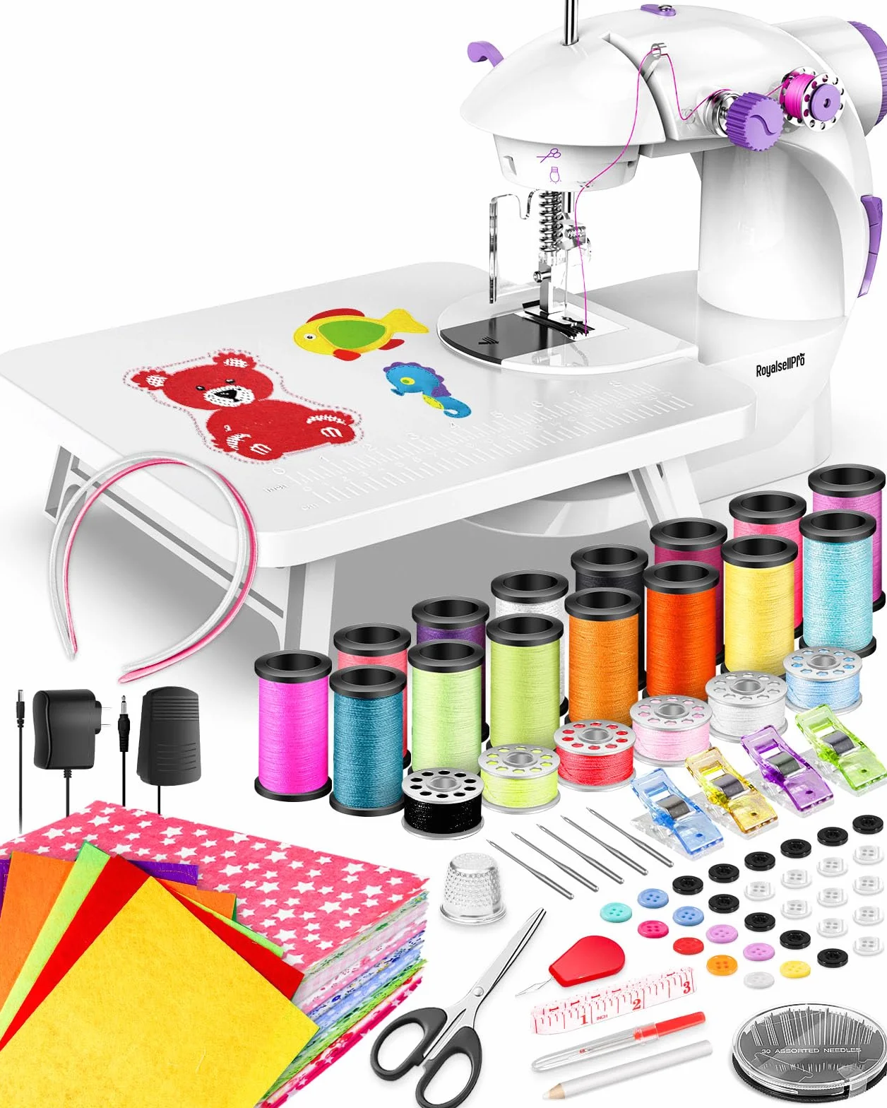 Mini máquina de coser con kit de costura de 118 piezas para principiantes, máquina de coser portátil de doble velocidad con luz y protector de dedos (morado)