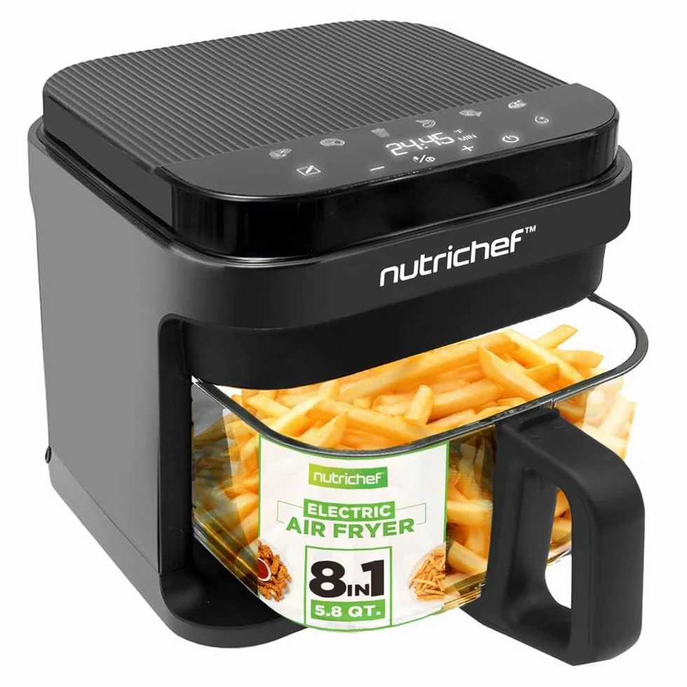 NutriChef Freidora de aire caliente, 5,5 L, sin aceite, 1200 W, gris, 8 programas, ventana de visualización, pantalla táctil, baja en grasa, para familias y resultados crujientes
