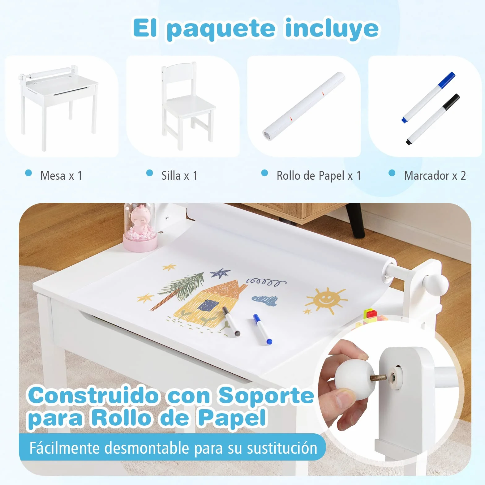 COSTWAY Juego de Mesa y Silla Infantil de Madera, Mesa de Actividades con Soporte para Rollo de Papel, Escritorio para Dibujar y Estudiar (Blanco)