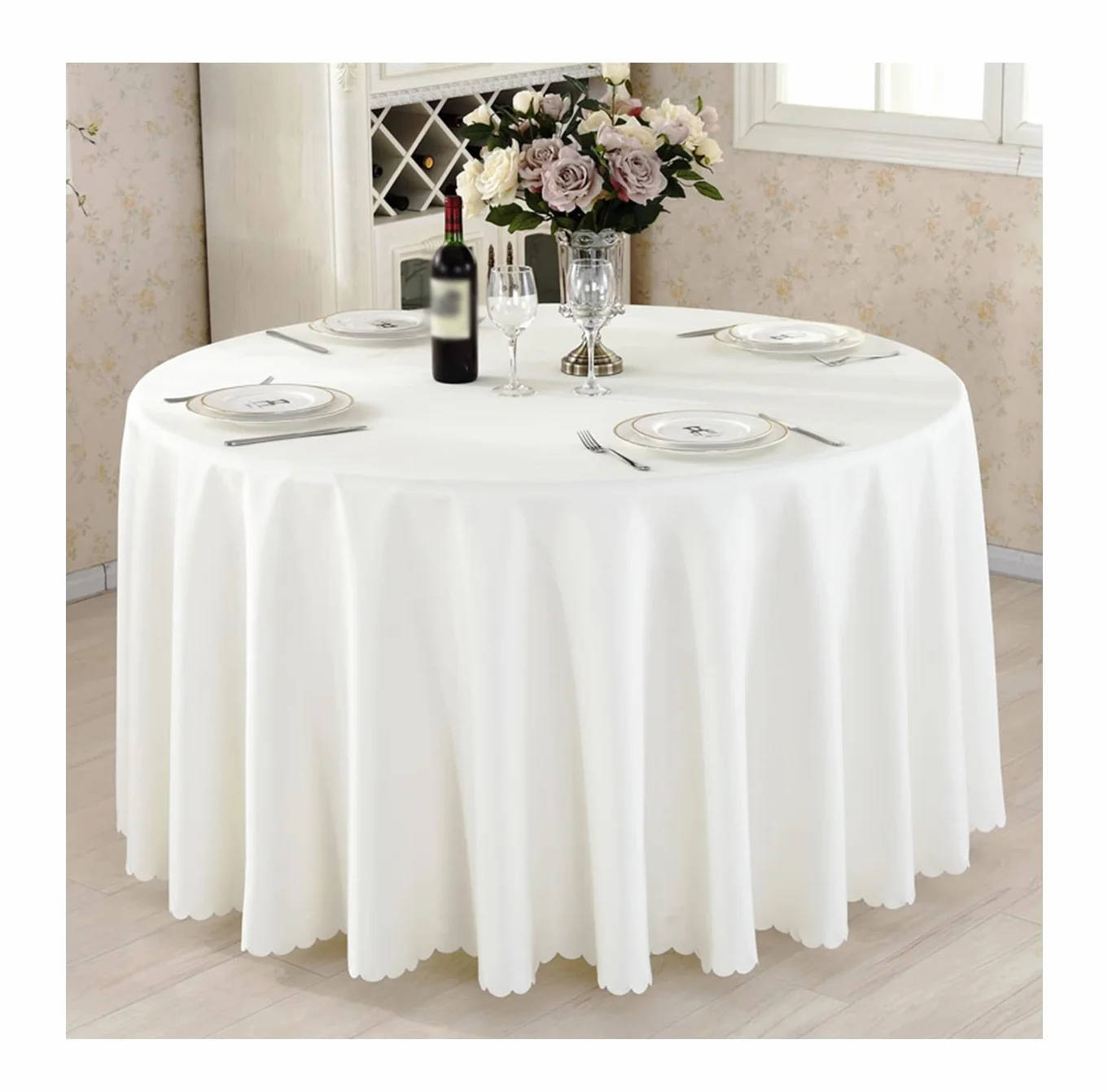 Poliéster Mantel Redondo Familia Hotel Conferencias Oficina Banquete Dodas Modelo Sencillo Lavable a Máquina Beige Diámetro 300cm