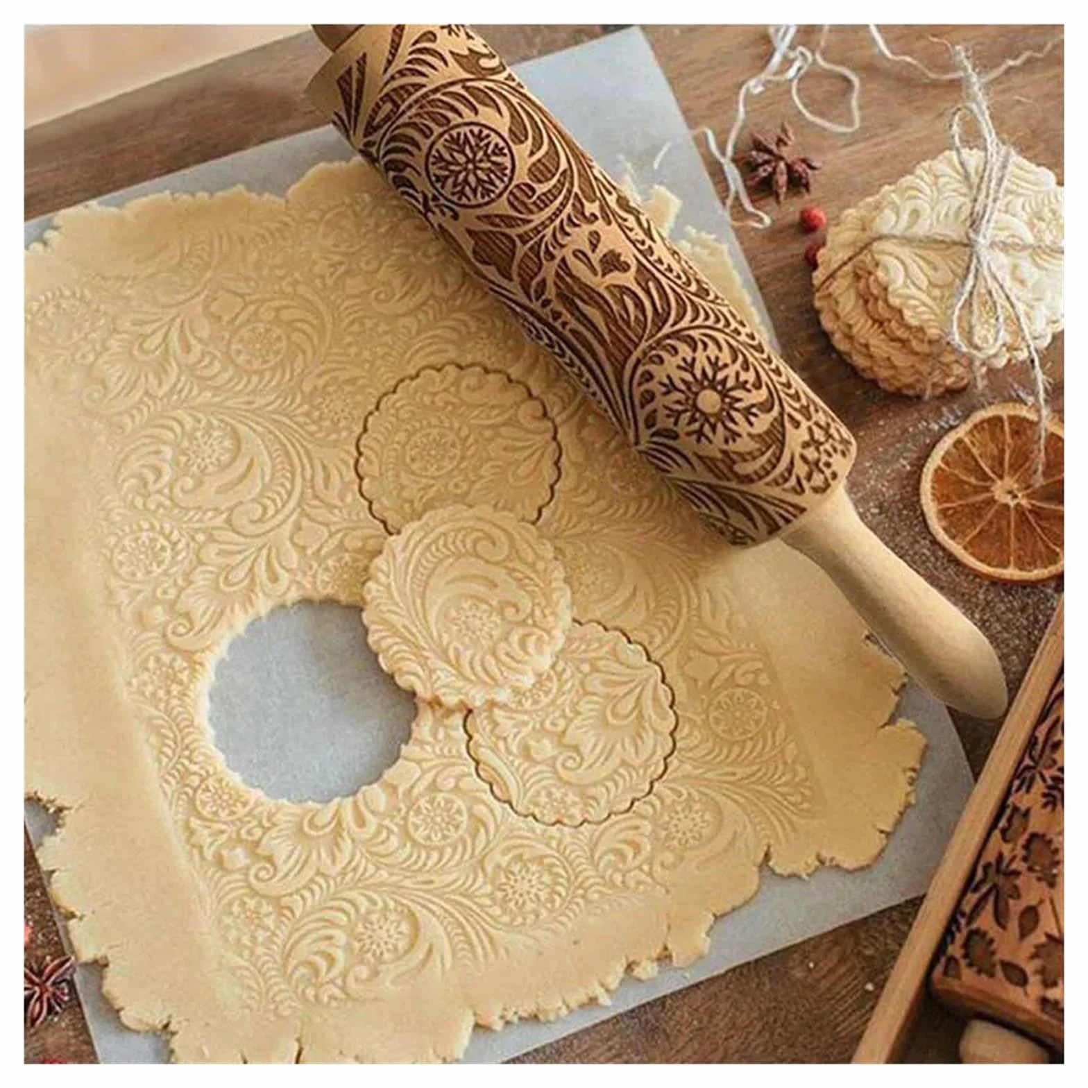 1 Rodillo Grabado en Relieve for Hornear Galletas, Fondant, Pasteles, Masa, Rodillo Estampado, Accesorios de Cocina Rodillo para Masa Madera(Color 1)