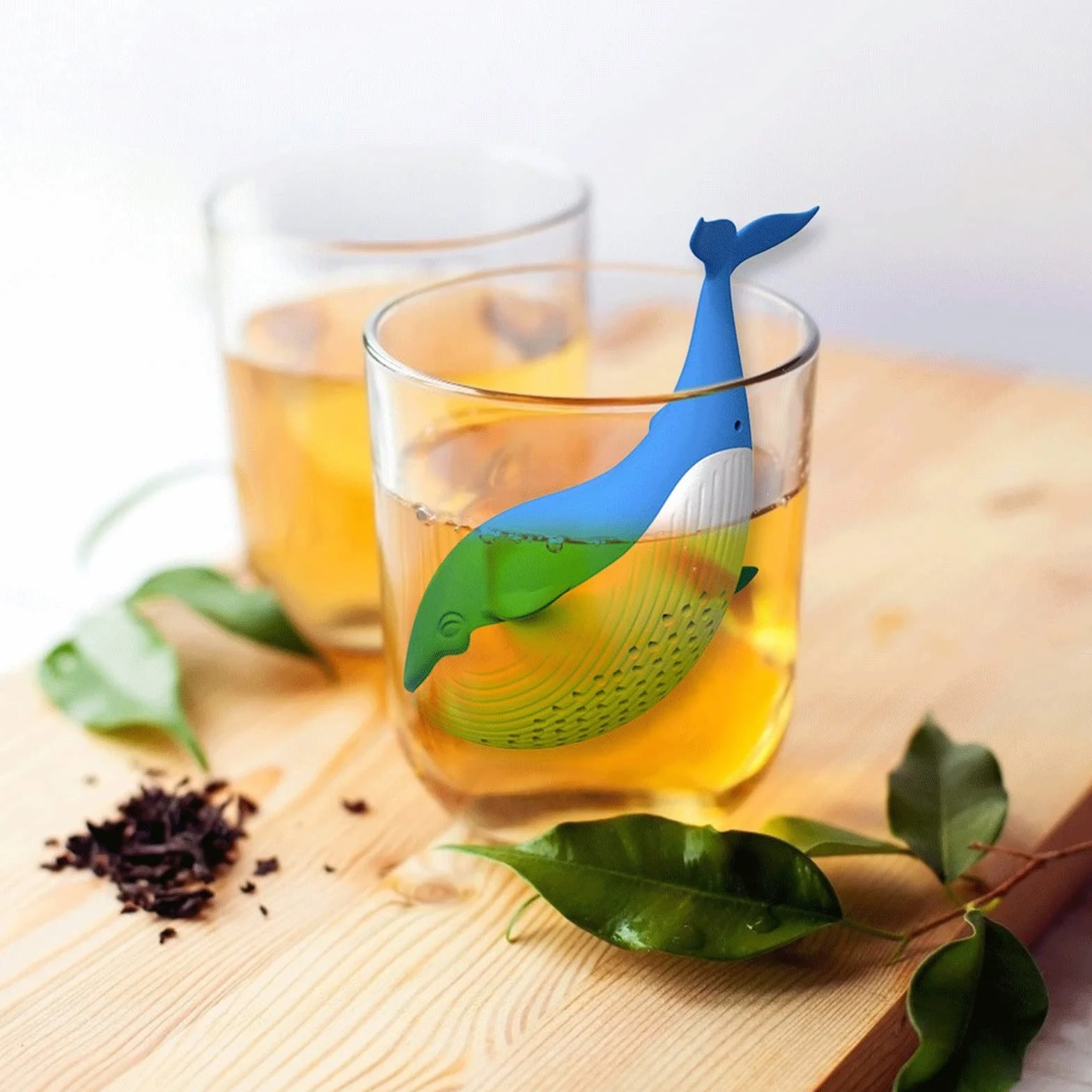 Colador de té lindo para hacer té, colador de té a granel, sabor a hierbas, filtro de silicona, difusor de té, juego de té en forma de ballena y tetera