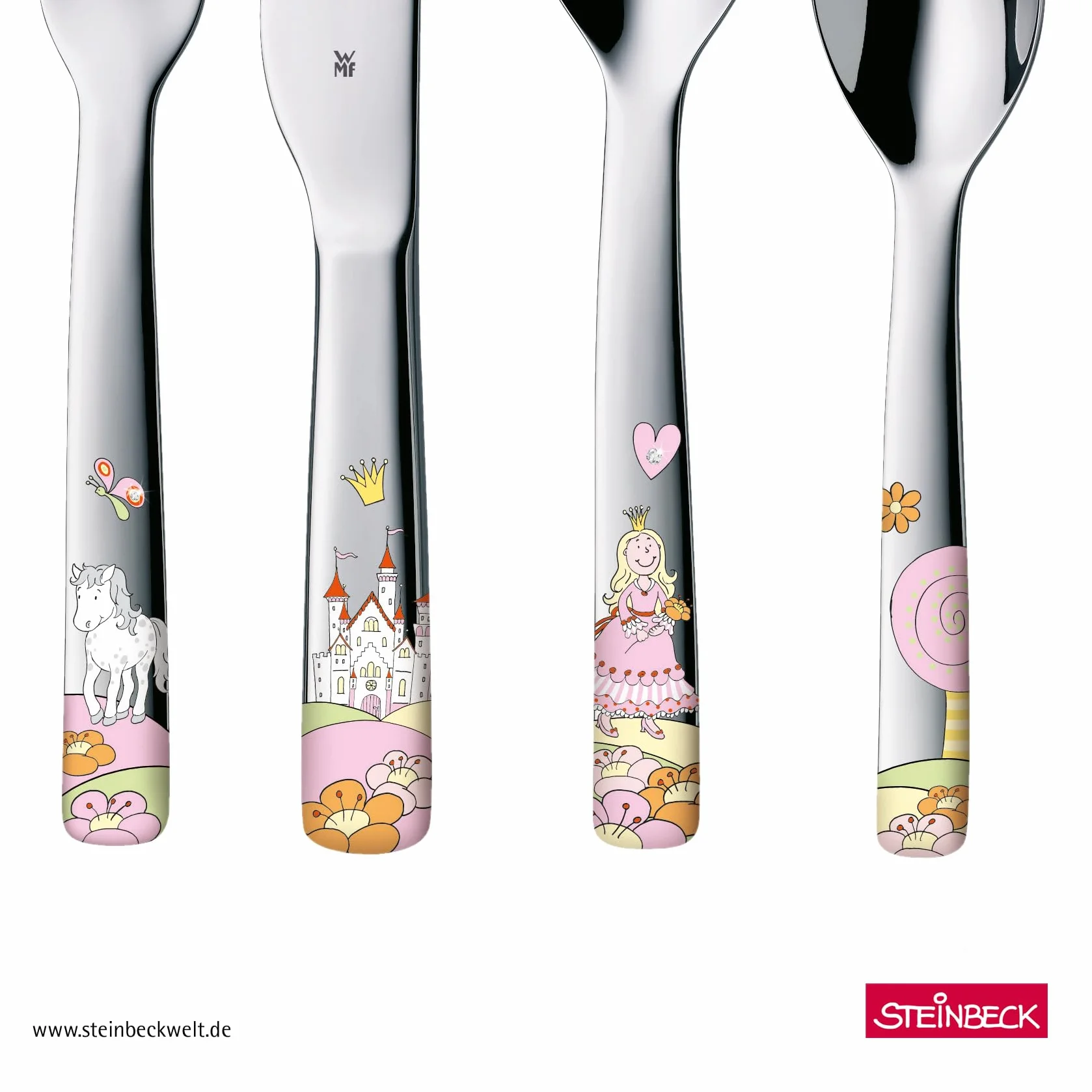 WMF Juego de vajilla infantil Princess Anneli de 6 piezas con grabado – con nombre – Plato de porcelana y cuenco de cereales con cubiertos para niños – Vajilla infantil para comida independiente a
