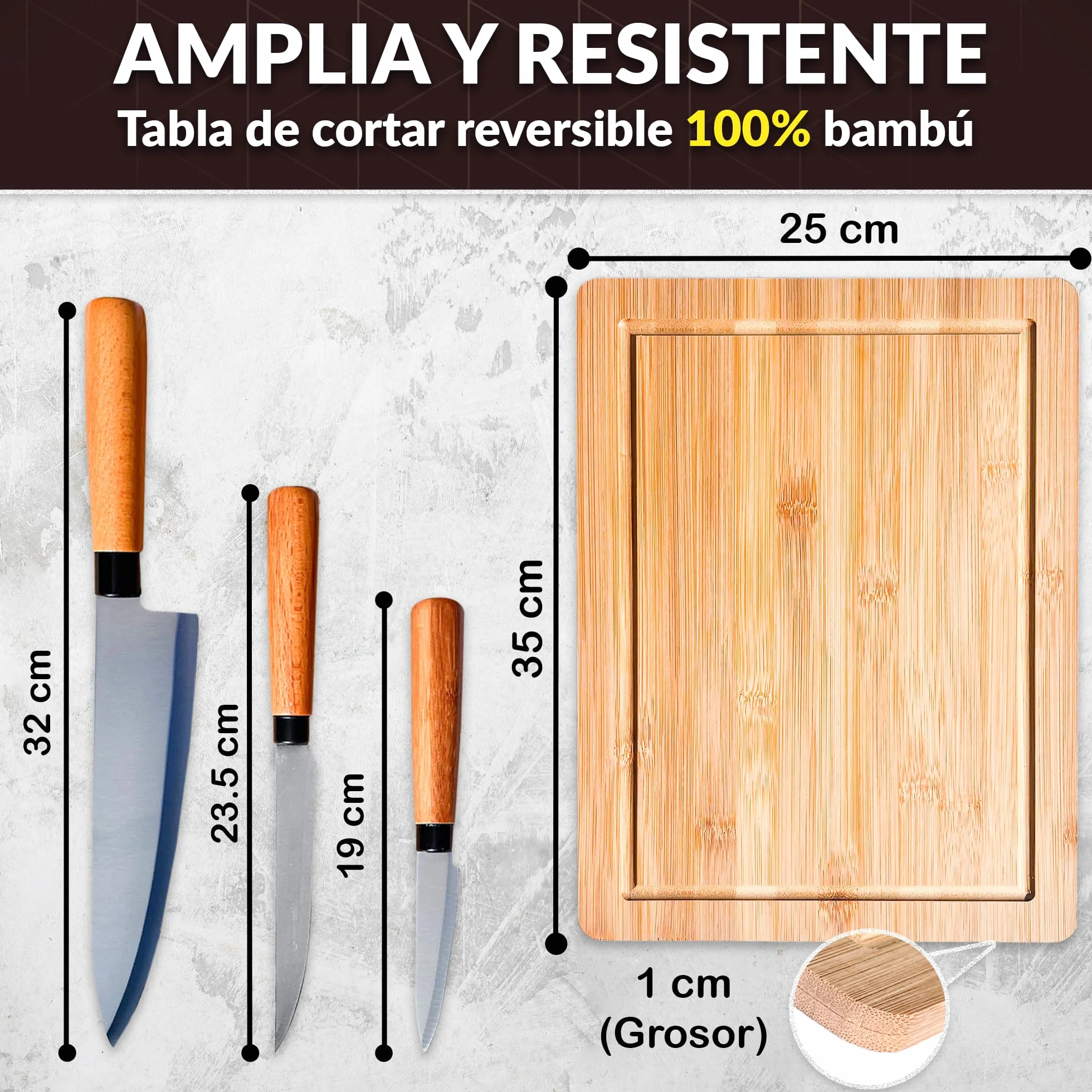 Tabla Cortar Cocina Madera Bambú 35x25x1cm Set 3 Cuchillos Profesional