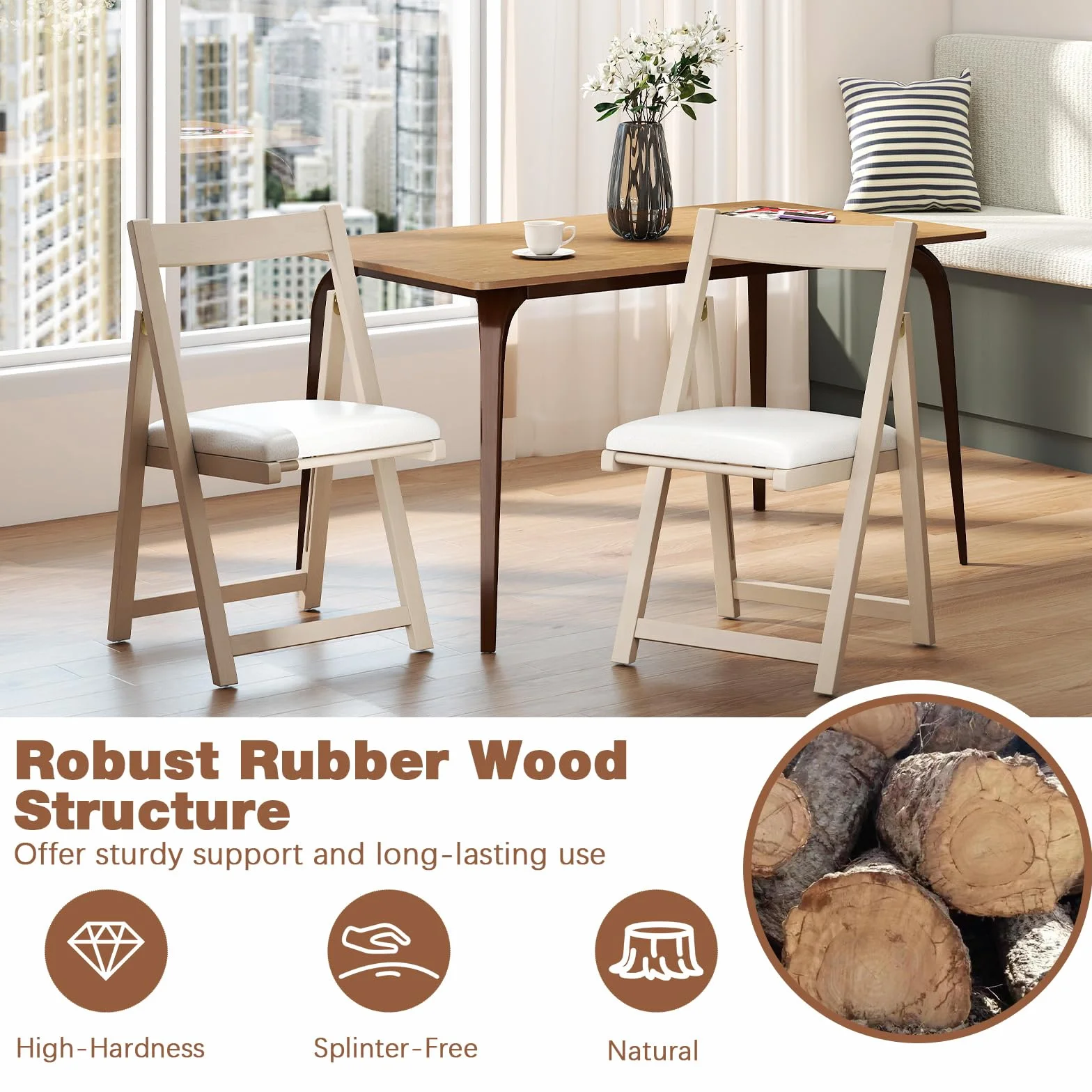 GIANTEX Juego de 2 Sillas de Comedor Plegables, Asiento Acolchado y Respaldo Inclinado, Estructura de Madera de Caucho, Carga hasta 150 kg, Sillas para Cocina, Salón (Beige)