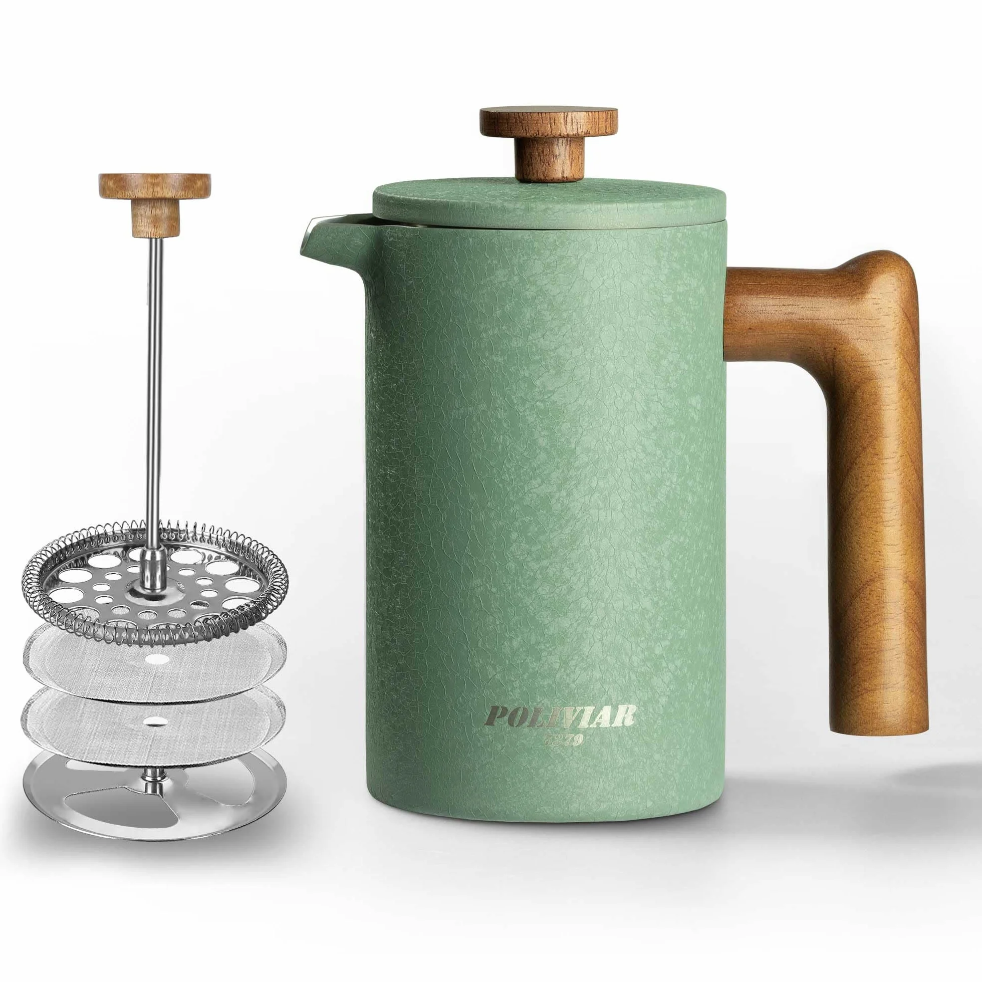 POLIVIAR Cafetiere - Cafetera de prensa francesa de 21 onzas con mango de madera, prensa de café de acero inoxidable para buen café y té, cafetera aislada de doble pared con 1 filtro adicional