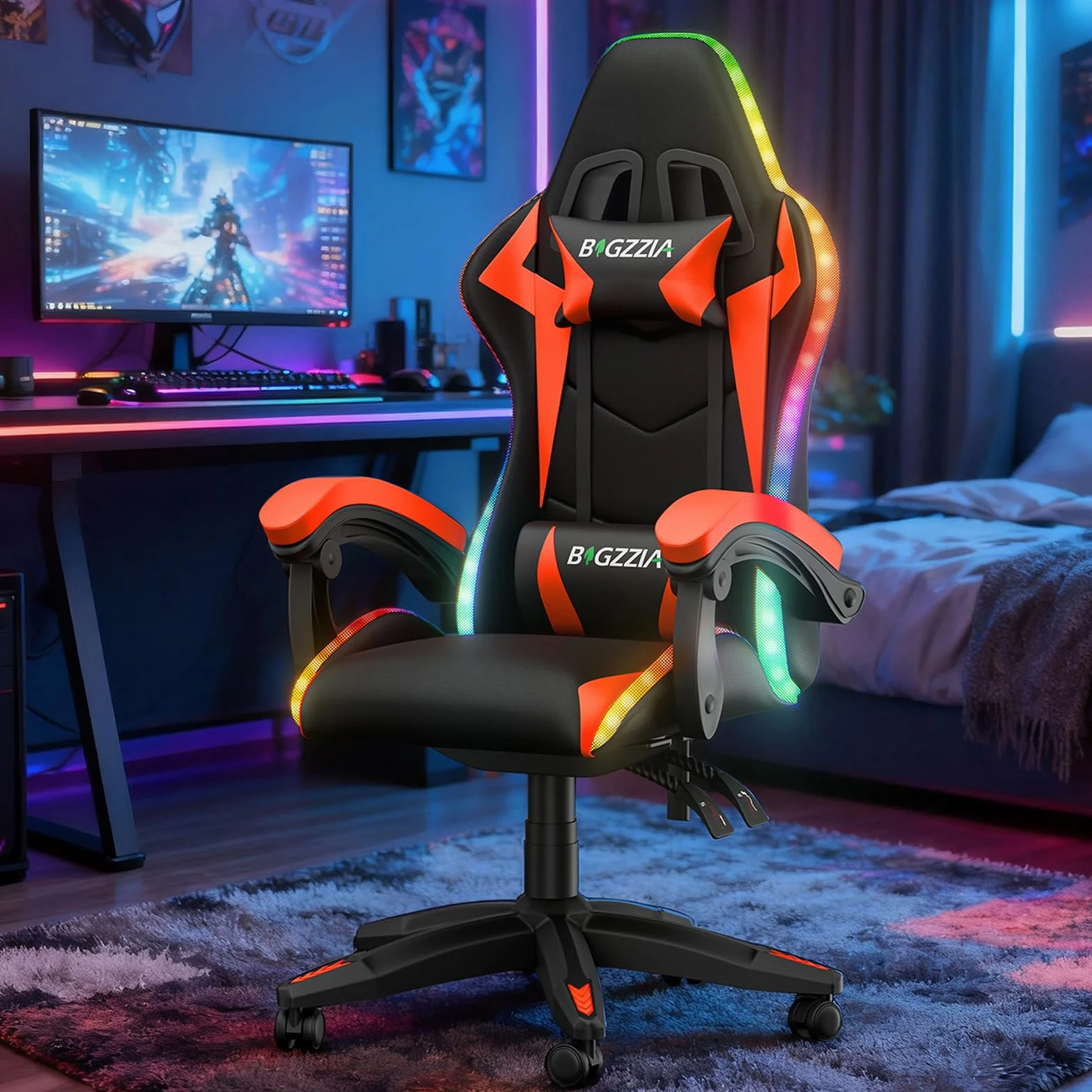 Silla para videojuegos con iluminación LED, silla ergonómica con luz RGB, reposacabezas ajustable y soporte lumbar, piel sintética, silla de oficina, altura e inclinación ajustable (negro y rojo)